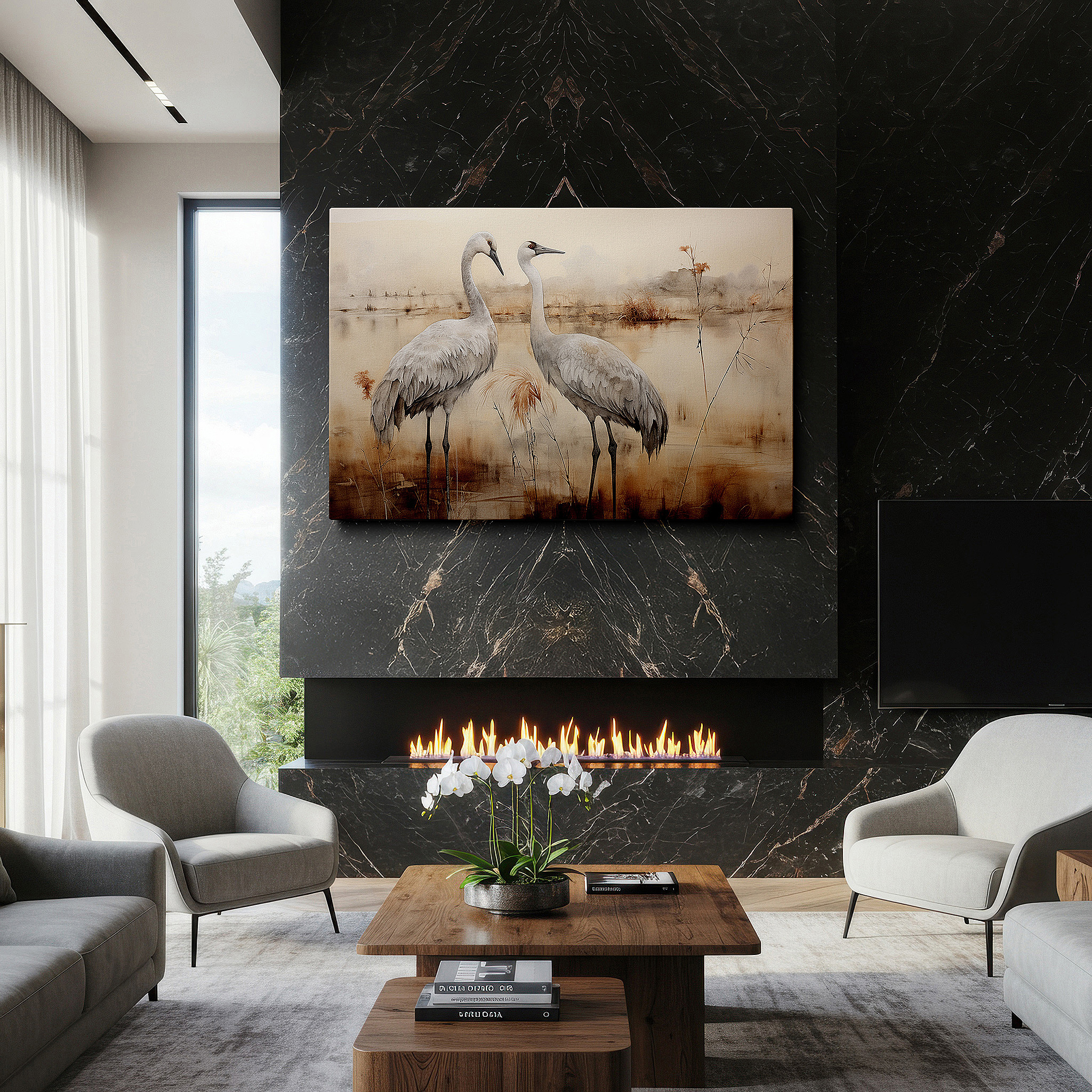 Aligned with a curated gallery wall of abstract artworks — ethereal landscape with tranquil cranes: serene nature and wildlife large wall art, canvas decor for office and bedroom
