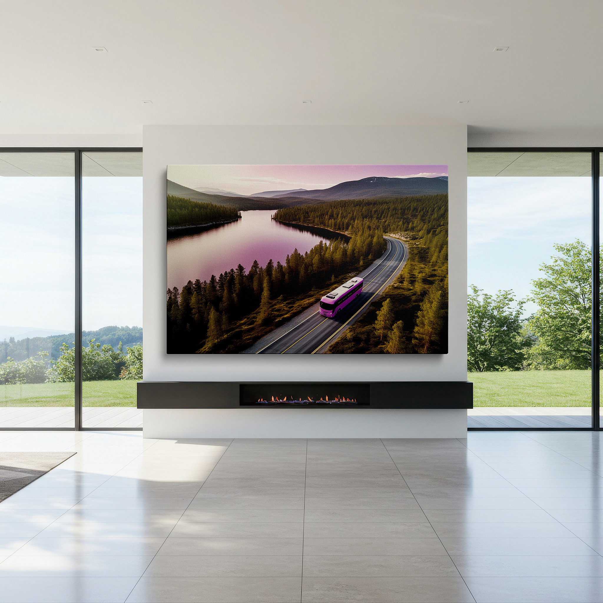 Aligned with a curated gallery wall of abstract artworks — explore the tranquil lake road with a chic pink bus surrounded by lush mountains - large wall art, canvas wall art, wall decor for office
