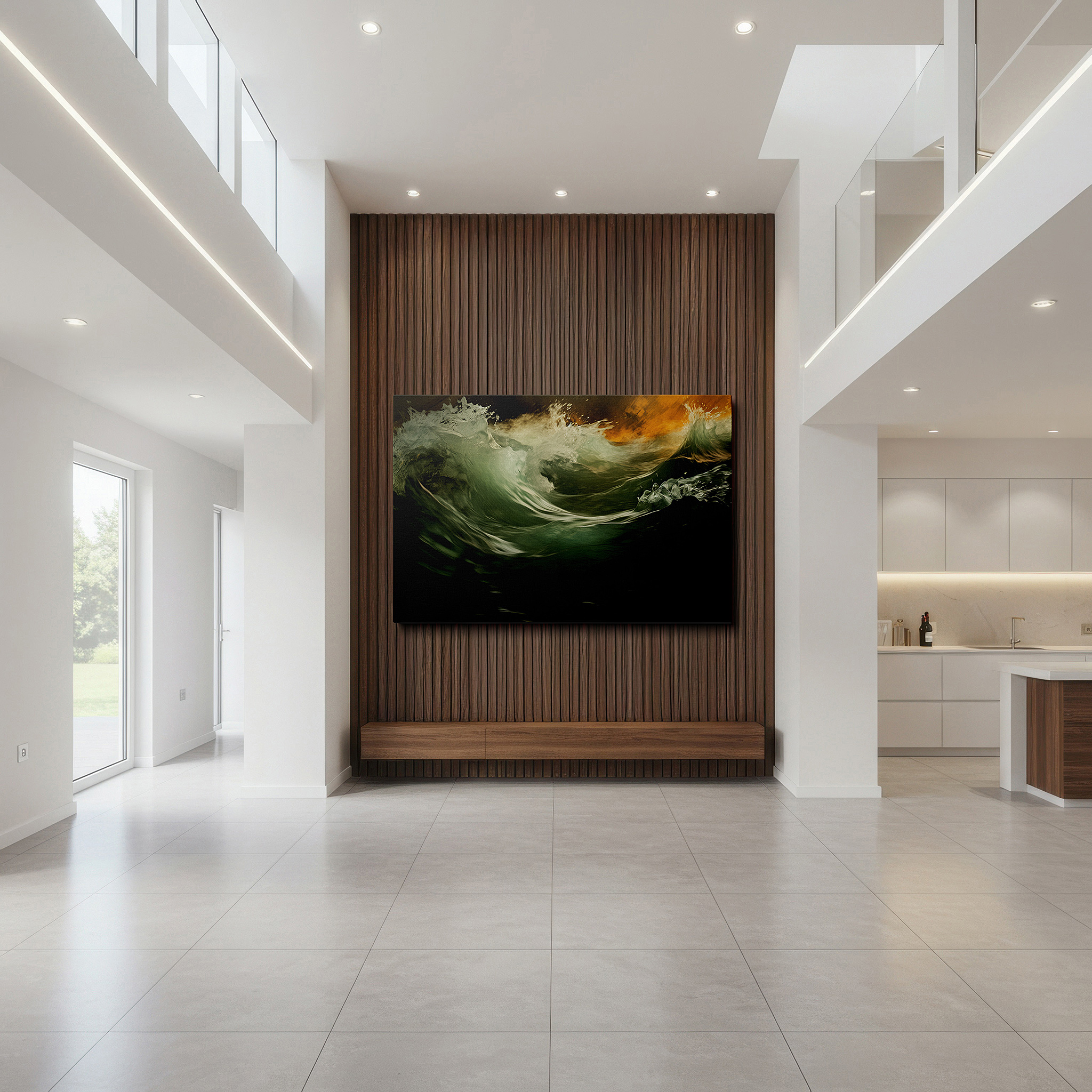 Aligned with a curated gallery wall of abstract artworks — feel the ocean's rage with waves smashing into the jagged coastline - large wall art, canvas wall art, wall decor, office wall art