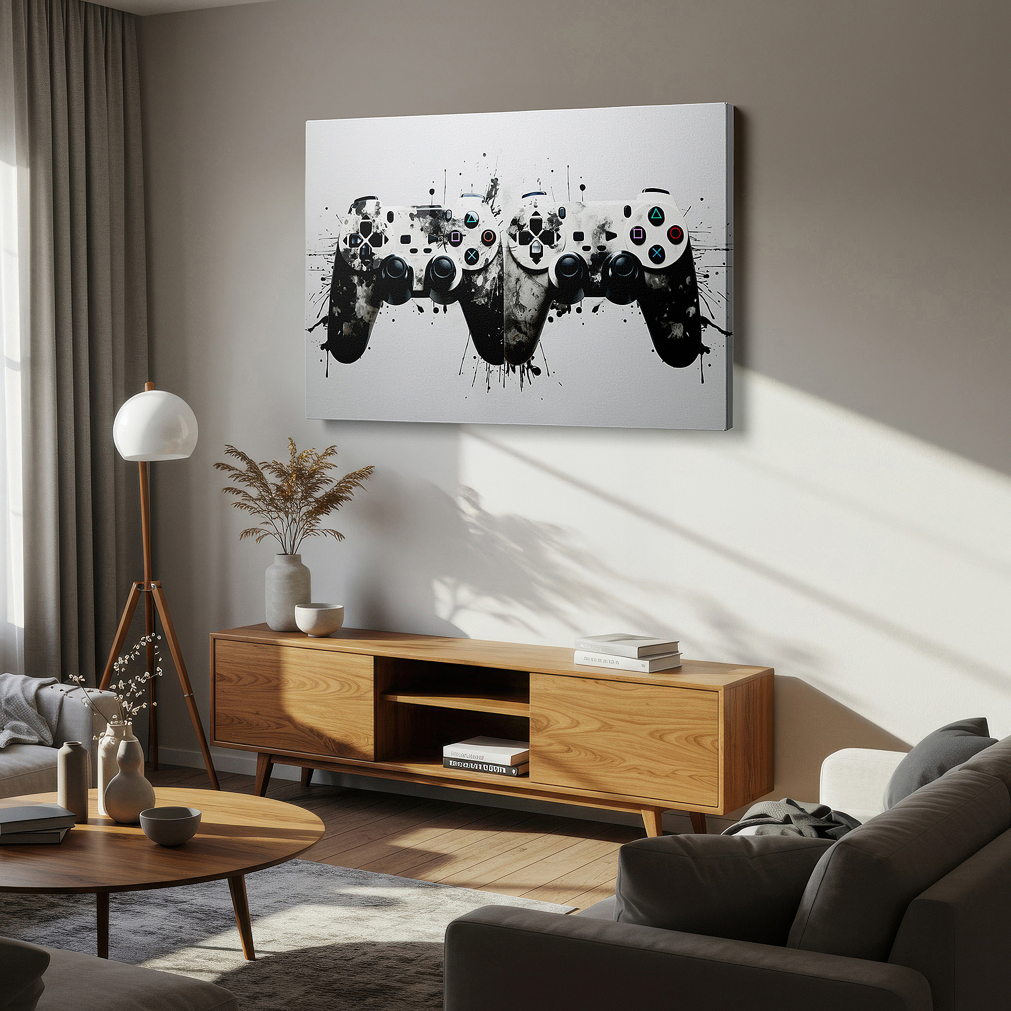 Aligned with a curated gallery wall of abstract artworks — gaming controllers splatter-paint wall art: celebrating art and technology - large canvas for office decor