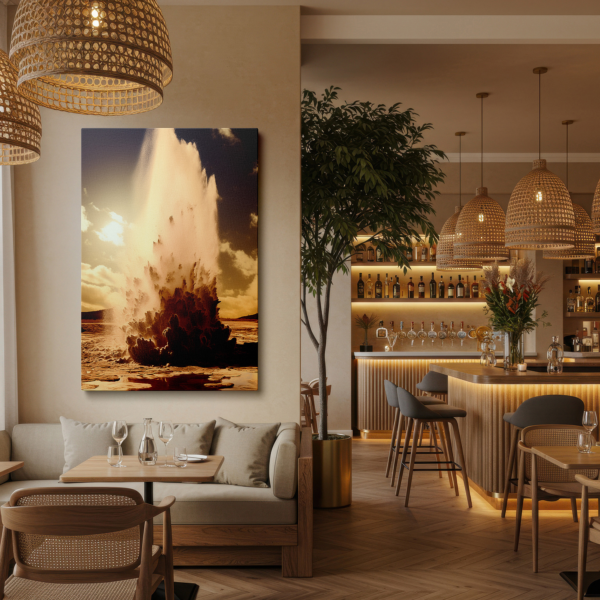 Aligned with a curated gallery wall of abstract artworks — geyser eruption in wild majesty: a stunning exhibition of nature's force - large canvas wall art for office and bedroom decor