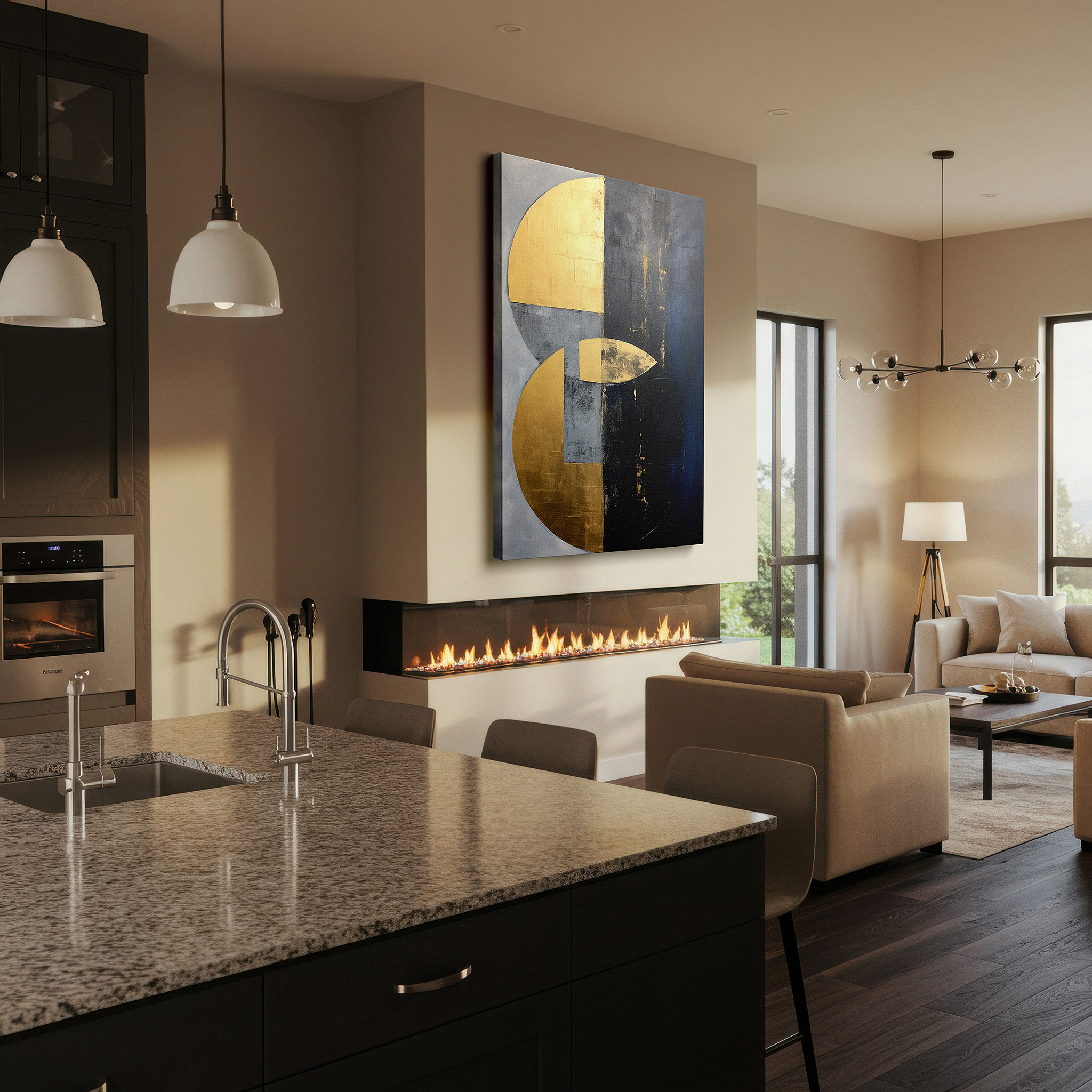 Aligned with a curated gallery wall of abstract artworks — gold, gray, and black geometric elegance with bold circular motifs: large wall art for office and bedroom decor