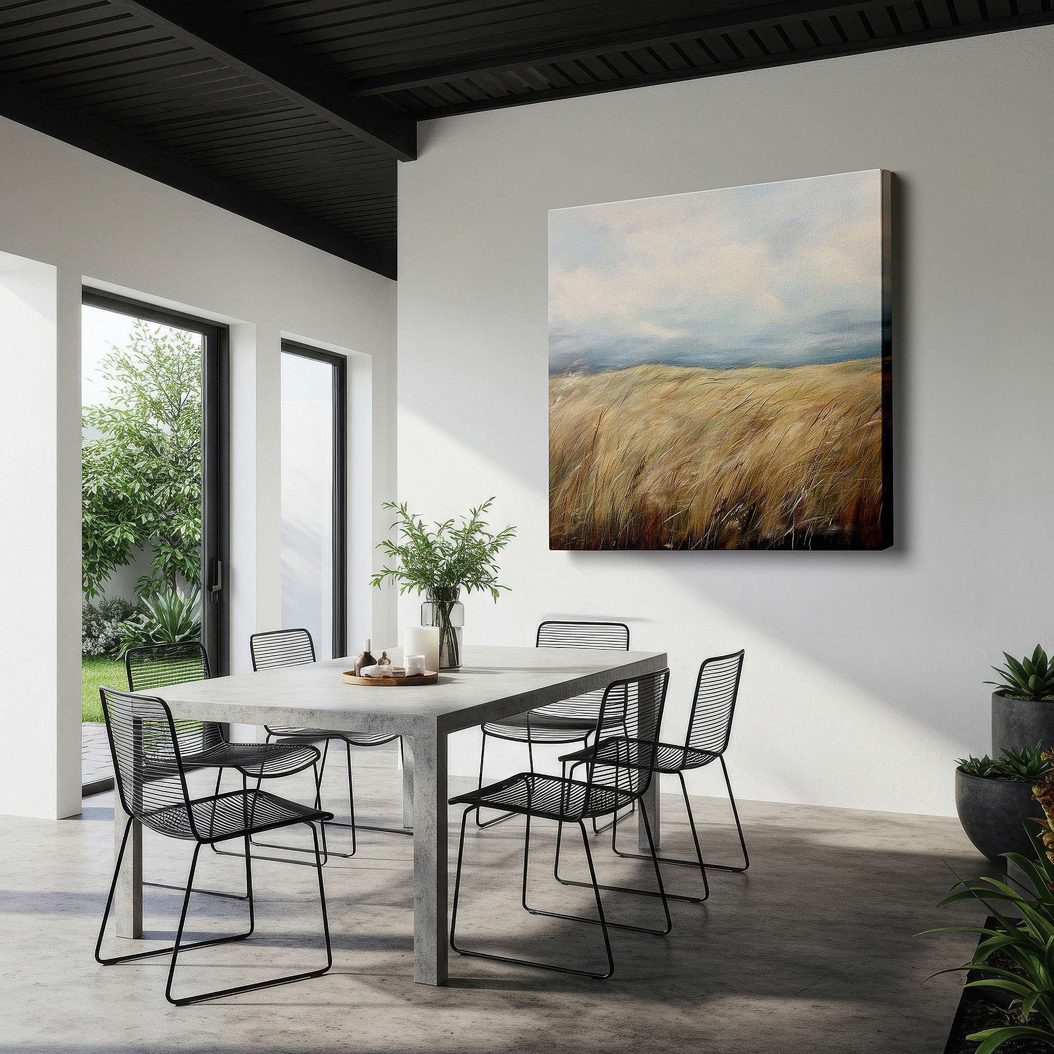 Aligned with a curated gallery wall of abstract artworks — golden grasses beneath a gentle blue sky - abstract impressionist serenity, large canvas wall art for home and office decor