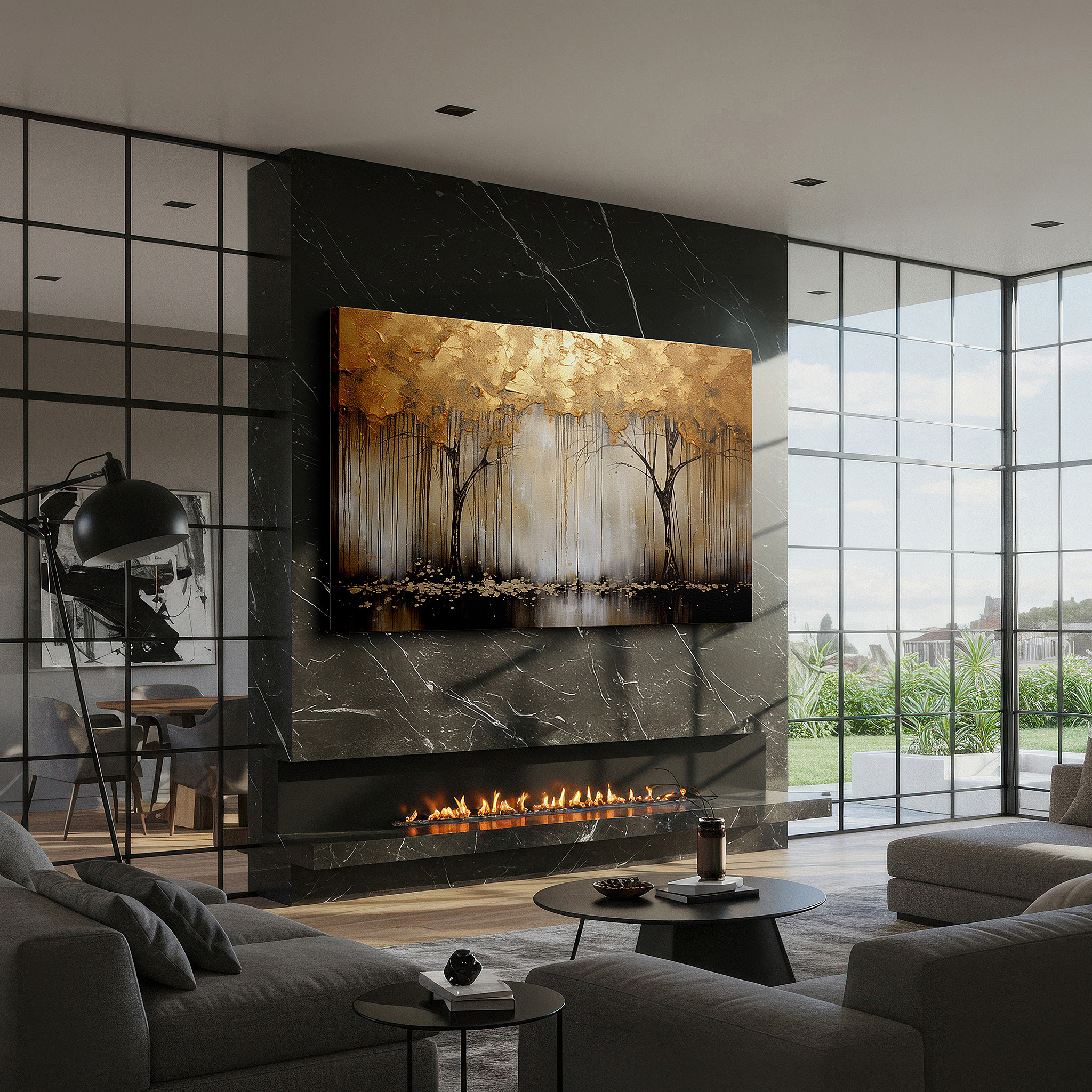 Aligned with a curated gallery wall of abstract artworks — golden trees against black: a display of resilience and radiance - large wall art for offices, bedrooms, and living spaces