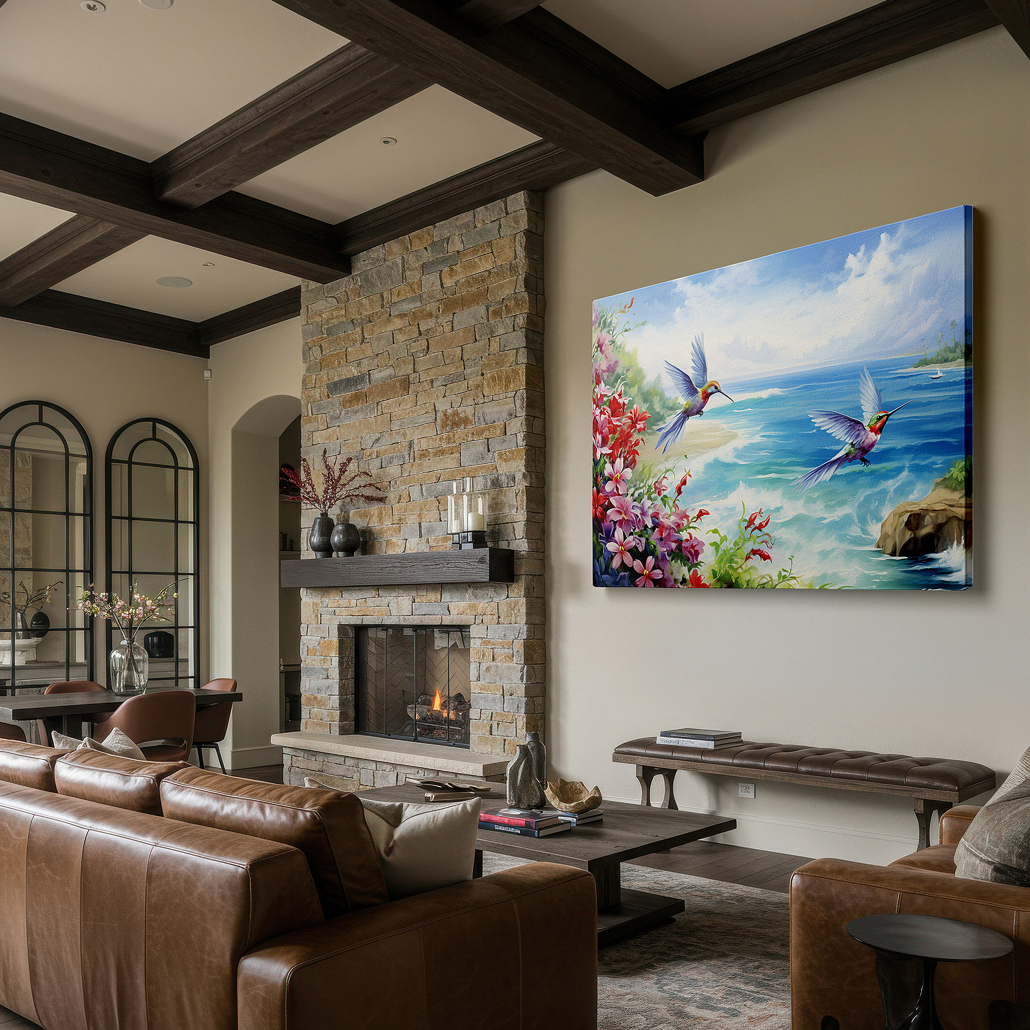 Aligned with a curated gallery wall of abstract artworks — hummingbirds and tropical flowers with ocean view large wall art, canvas decor for office, bedroom, and living room