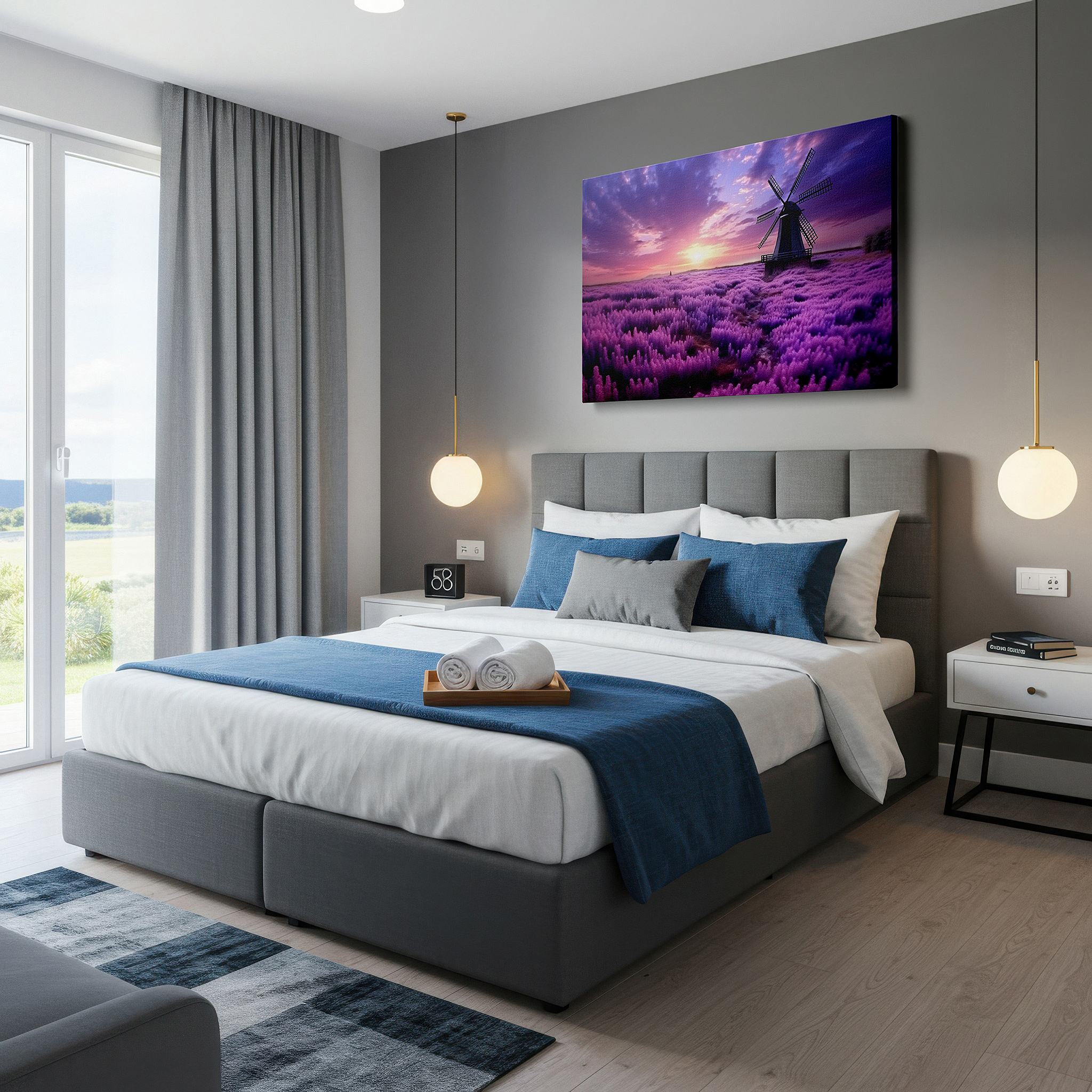 Aligned with a curated gallery wall of abstract artworks — lavender fields and rustic windmill against a fiery sunset sky - large canvas wall art for office, bedroom, and living room decor