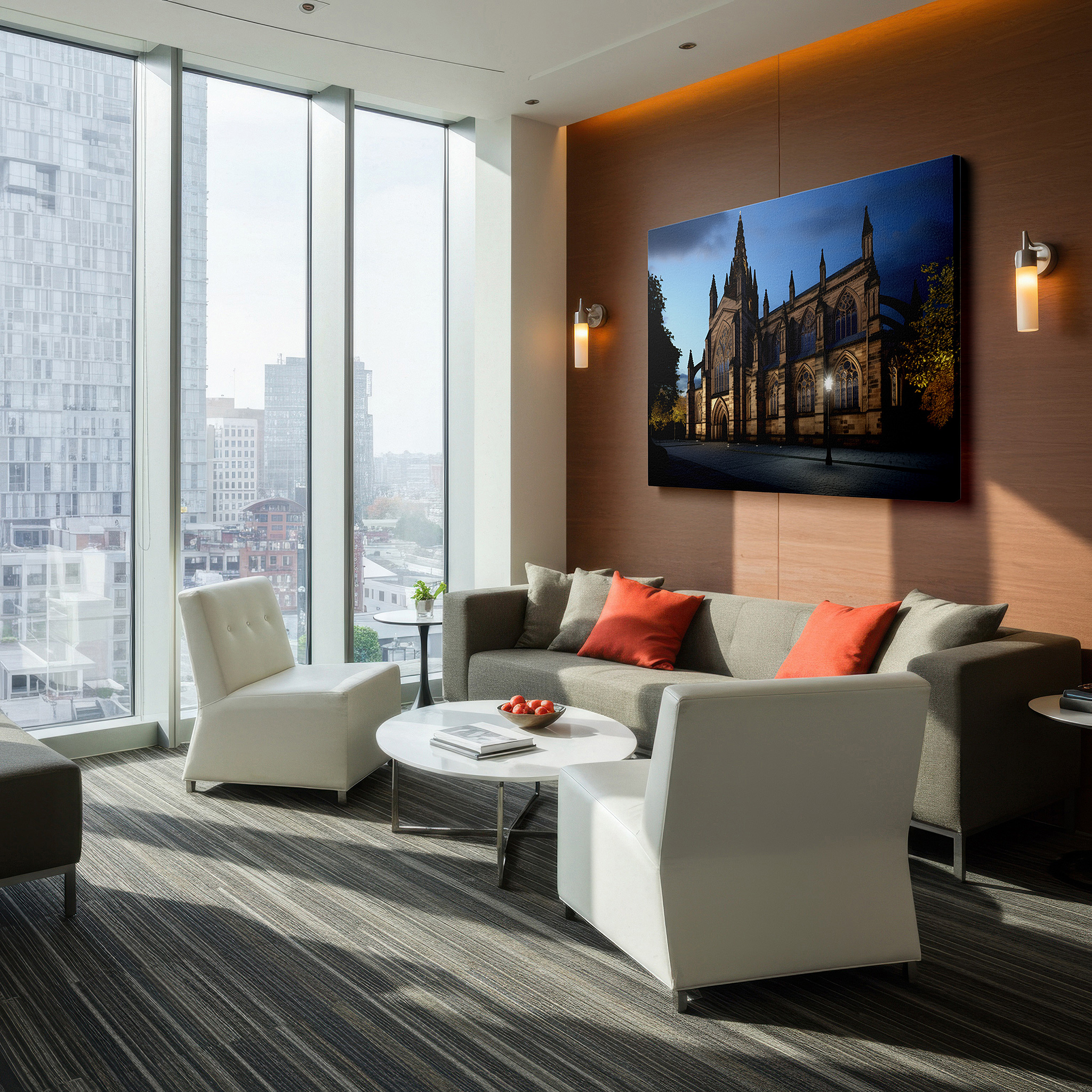 Aligned with a curated gallery wall of abstract artworks — majestic cathedral at dusk: a mystical and ethereal architectural display, large canvas wall art decor