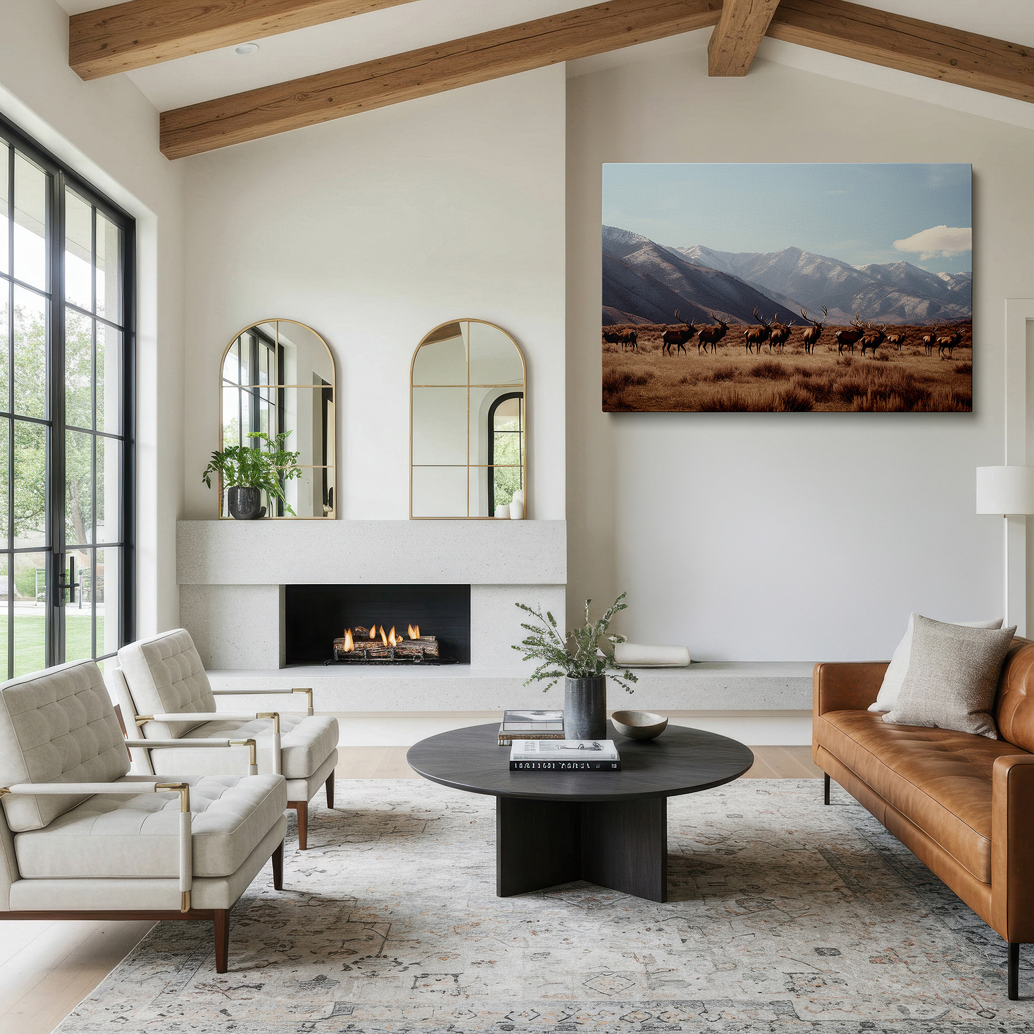 Aligned with a curated gallery wall of abstract artworks — majestic elk herd grazing in serene mountain landscape - large canvas wall art for office, bedroom, and living room decor