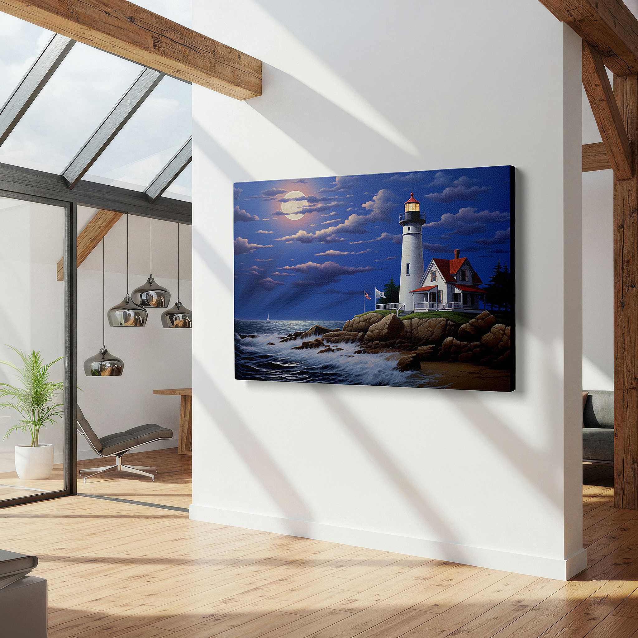 Aligned with a curated gallery wall of abstract artworks — majestic lighthouse amidst stormy seas under the mystical moonlight large wall art, canvas wall art, wall decor for office and bedroom