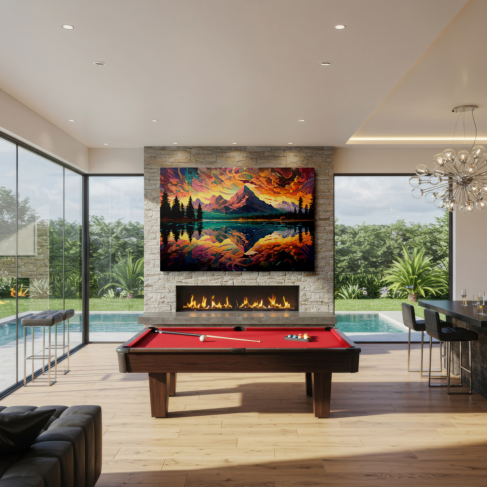 Aligned with a curated gallery wall of abstract artworks — majestic mountains and radiant skies: a nature's grandeur canvas reflected in a sparkling lake - large wall art for office decor