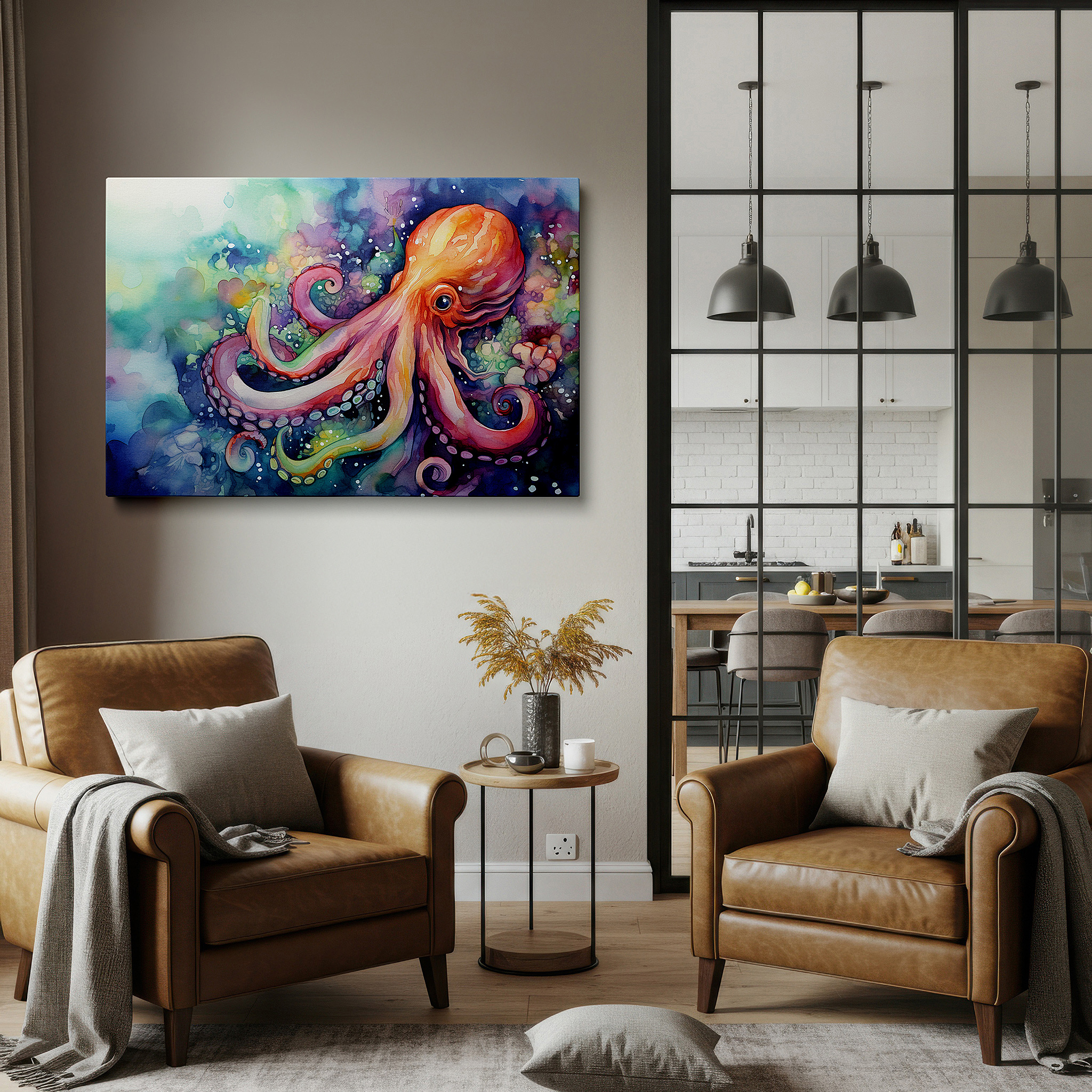 Aligned with a curated gallery wall of abstract artworks — majestic octopus and vibrant underwater city beneath soft sunlit waves large wall art, canvas wall art, wall decor for office and bedroom