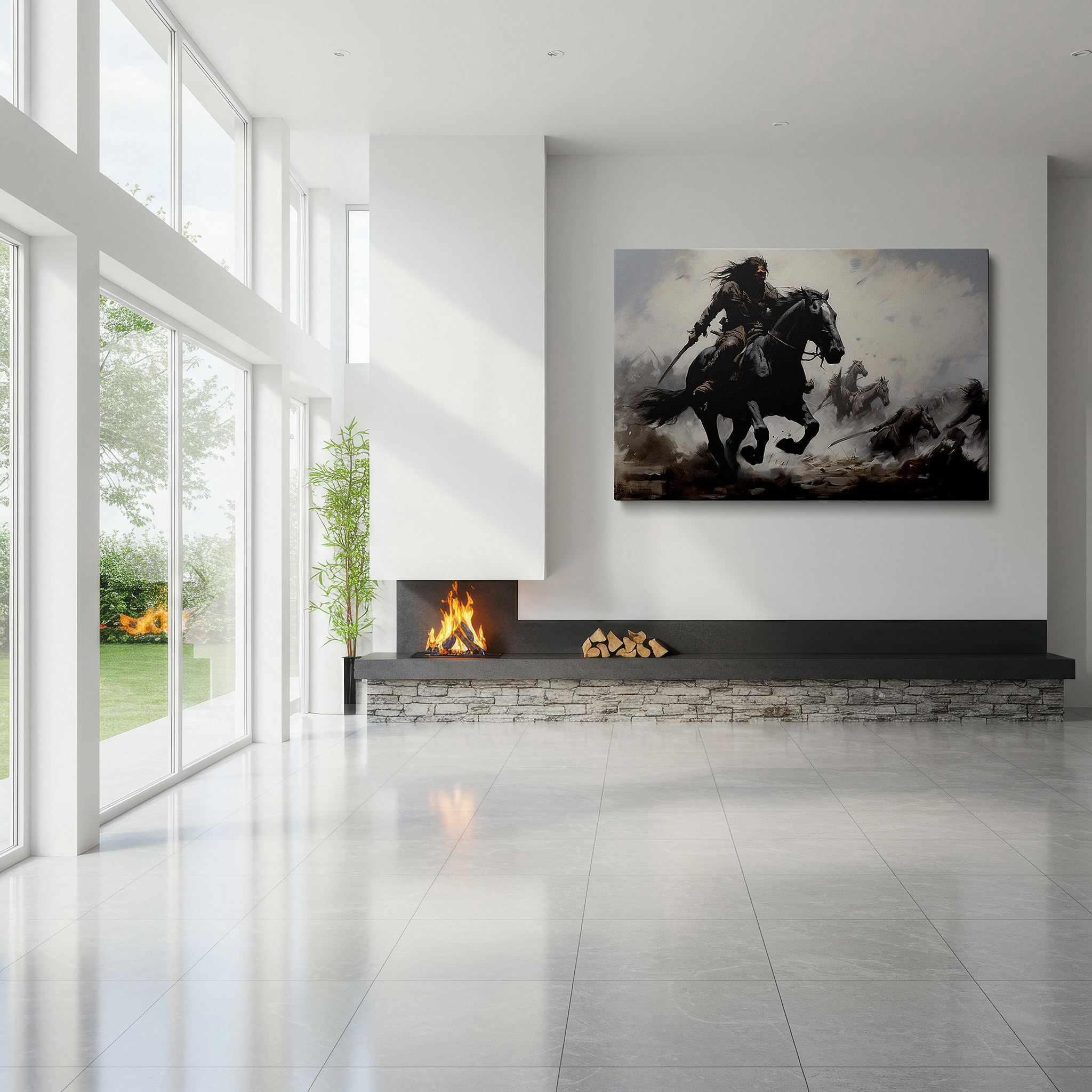 Aligned with a curated gallery wall of abstract artworks — majestic warrior on black horse storms across battlefield center - large canvas wall art for office and bedroom decor