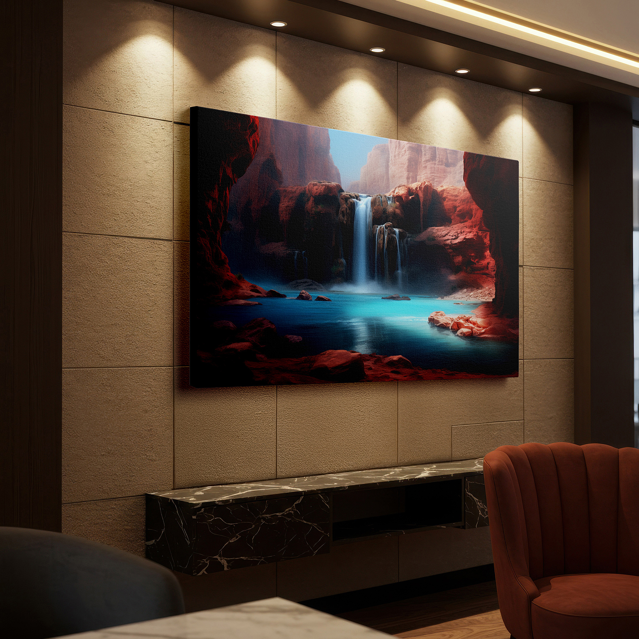 Aligned with a curated gallery wall of abstract artworks — majestic waterfalls and rugged red rocks - tranquil yet vibrant scenery large wall art, canvas wall art, wall decor, office wall art, bedroom wall art