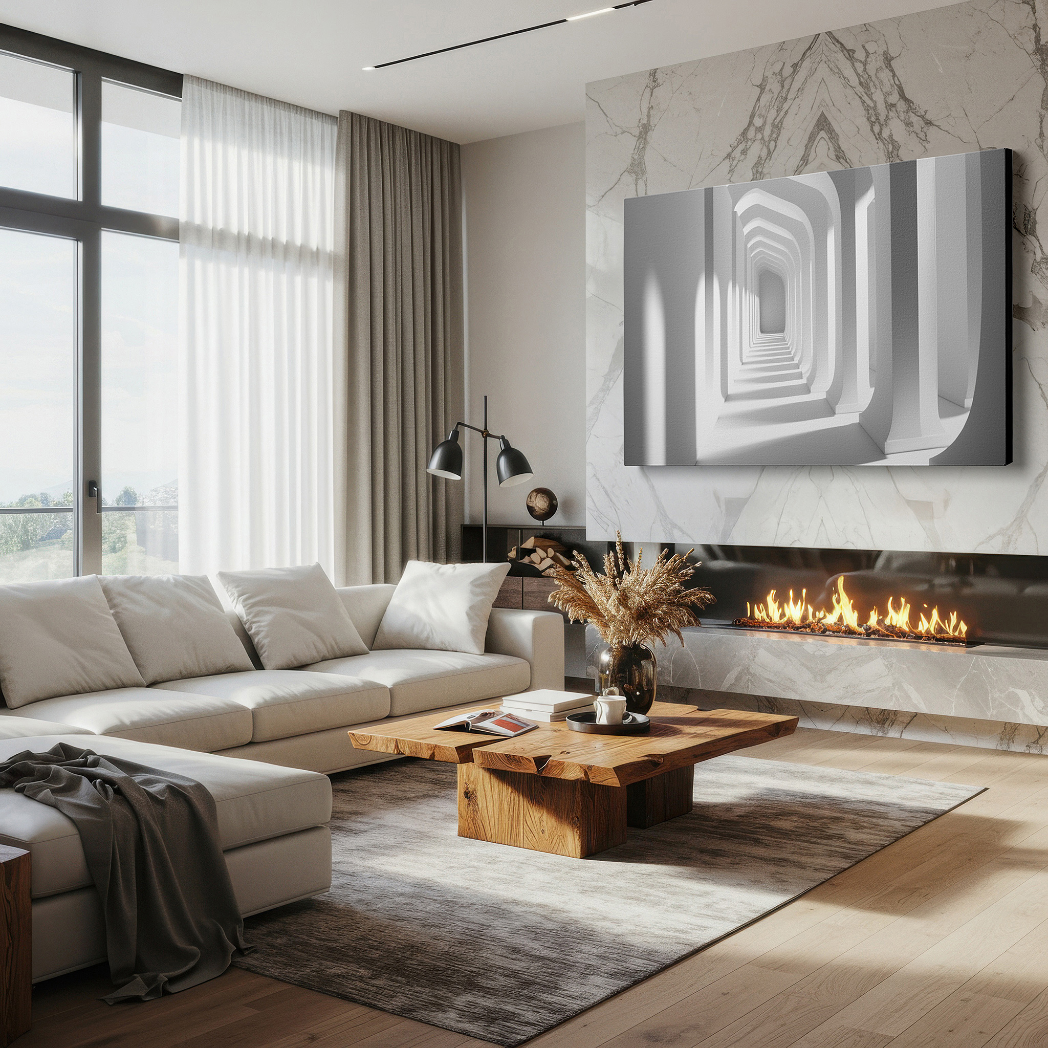 Aligned with a curated gallery wall of abstract artworks — minimalist architectural corridor: a serene modern design statement in light and shadow - large canvas wall art for office decor