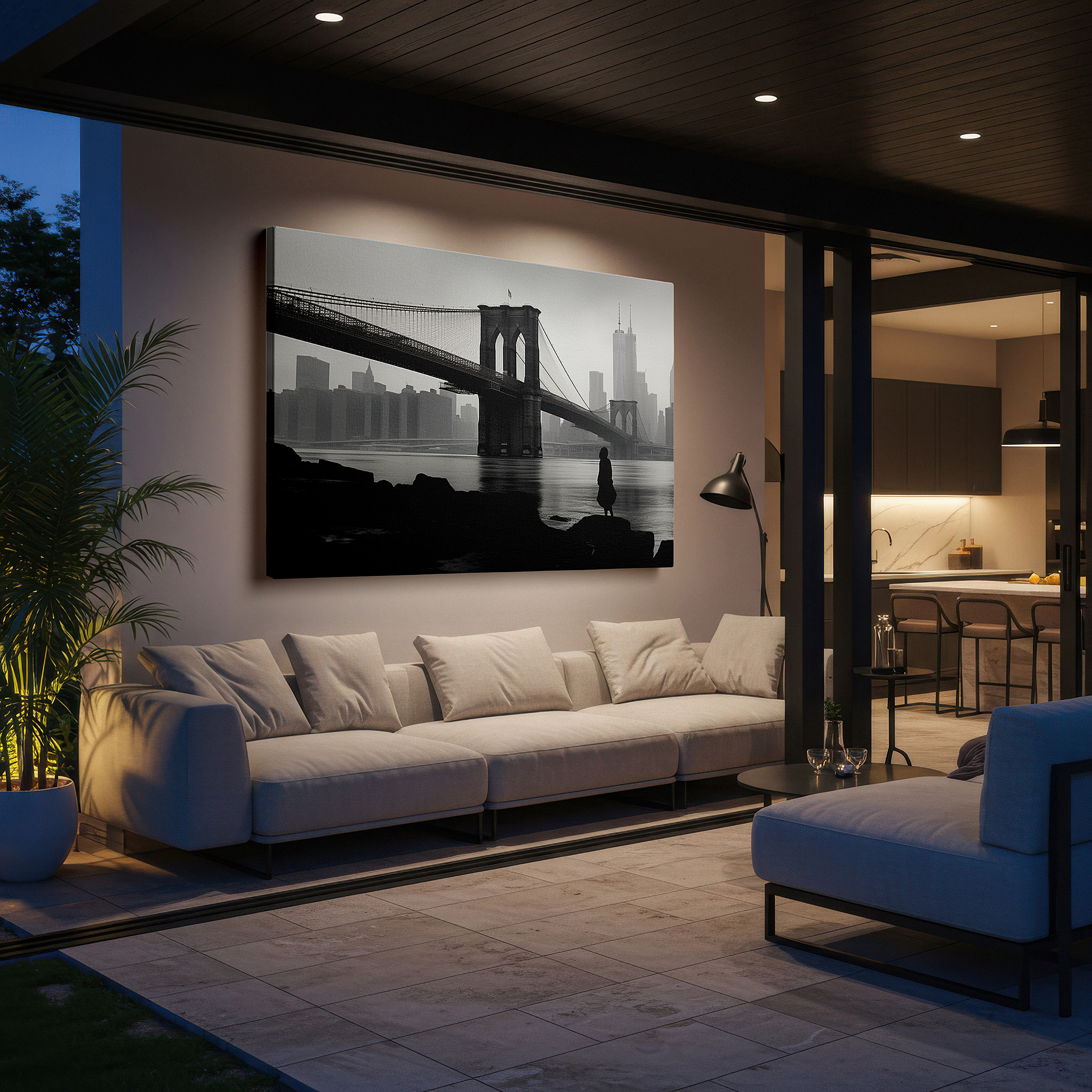 Aligned with a curated gallery wall of abstract artworks — misty brooklyn bridge solitary contemplation large canvas wall art for office and bedroom decor