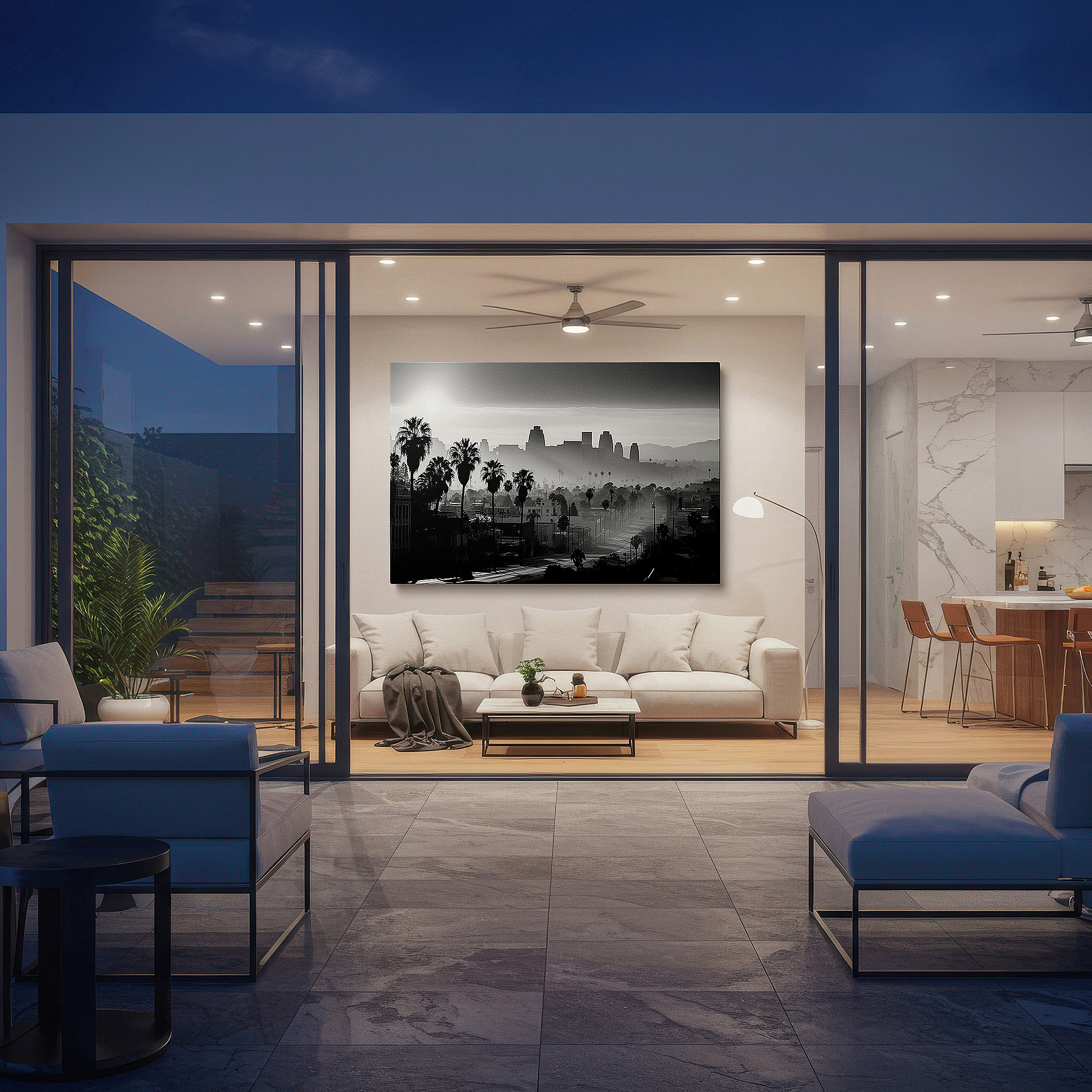 Aligned with a curated gallery wall of abstract artworks — misty dawn and palm silhouettes over cityscape large canvas wall art for office decor