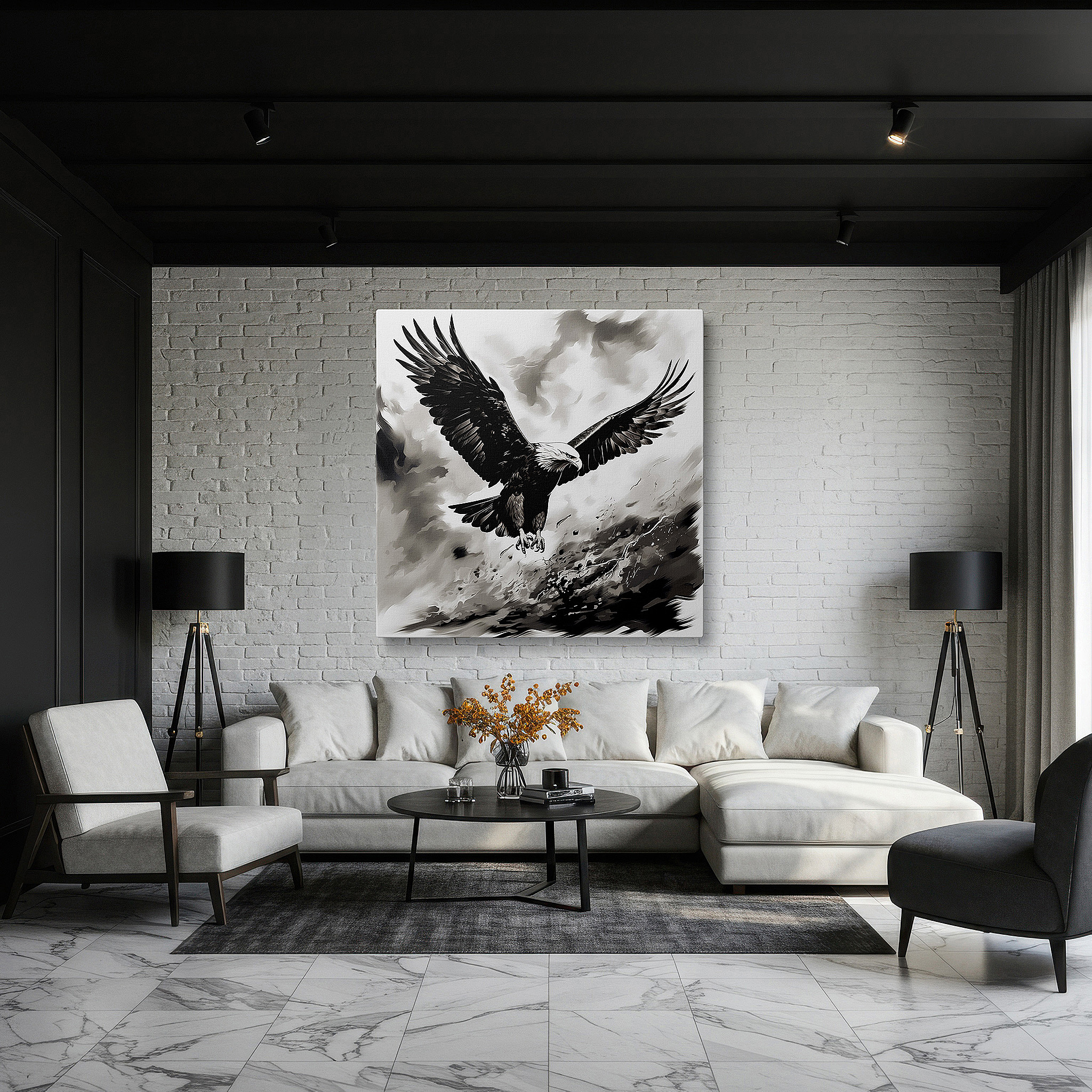 Aligned with a curated gallery wall of abstract artworks — monochrome majestic eagle soaring in turbulent skies large canvas wall art for office and bedroom decor
