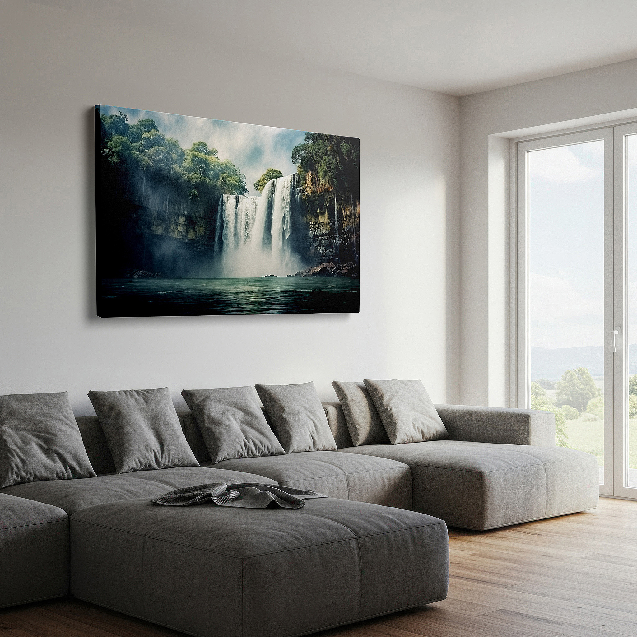 Aligned with a curated gallery wall of abstract artworks — mystical waterfall in mist - serene nature sanctuary timeless beauty large wall art, canvas wall art, wall decor for office and bedroom