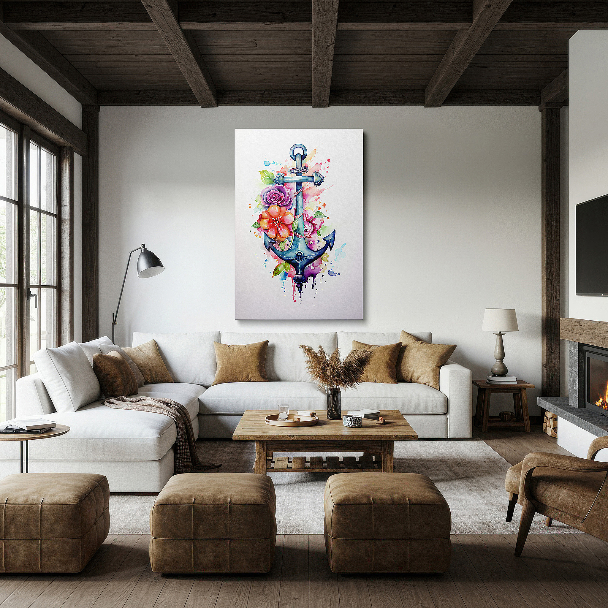 Aligned with a curated gallery wall of abstract artworks — nautical anchor and vivid botanicals wall art - symbolizing strength and grace, perfect for office or bedroom decor, available as large canvas