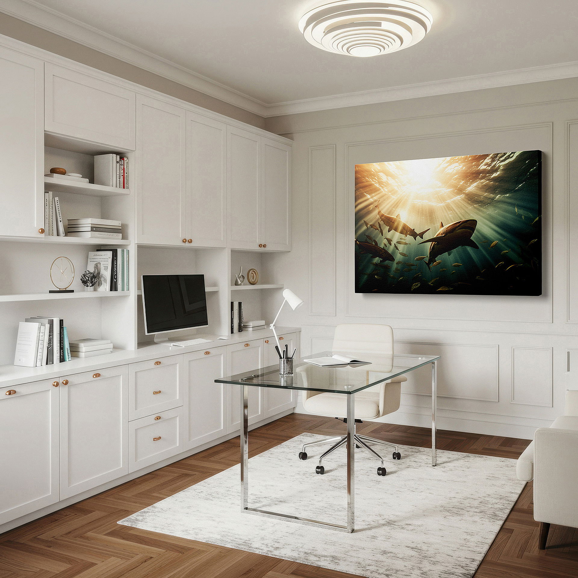 Aligned with a curated gallery wall of abstract artworks — ocean serenity: sunlit sharks and colorful marine life - large canvas wall art for office, bedroom, and living room decor