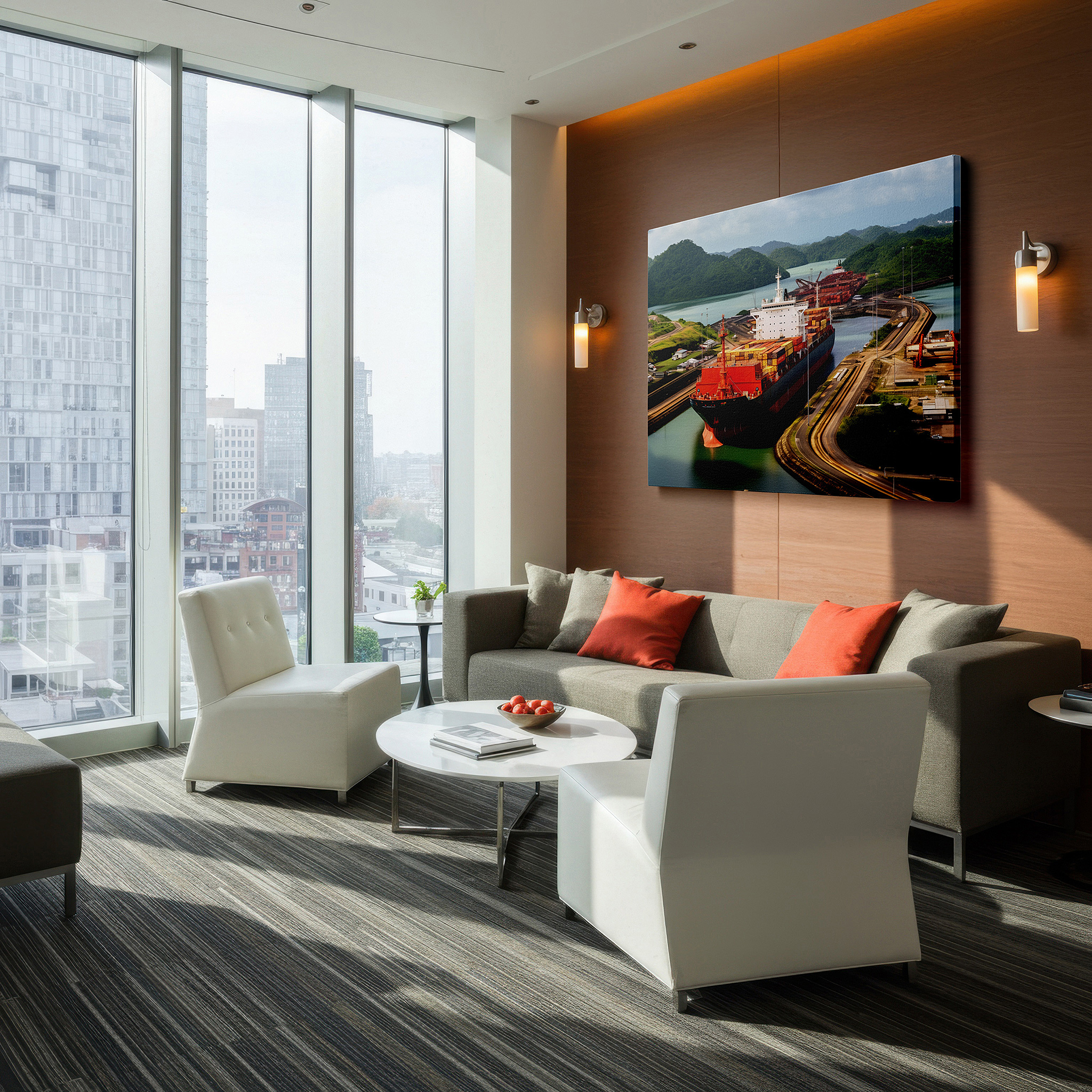 Aligned with a curated gallery wall of abstract artworks — panama canal large wall art: a perfect fusion of engineering and nature, ideal for office, bedroom, and living room decor