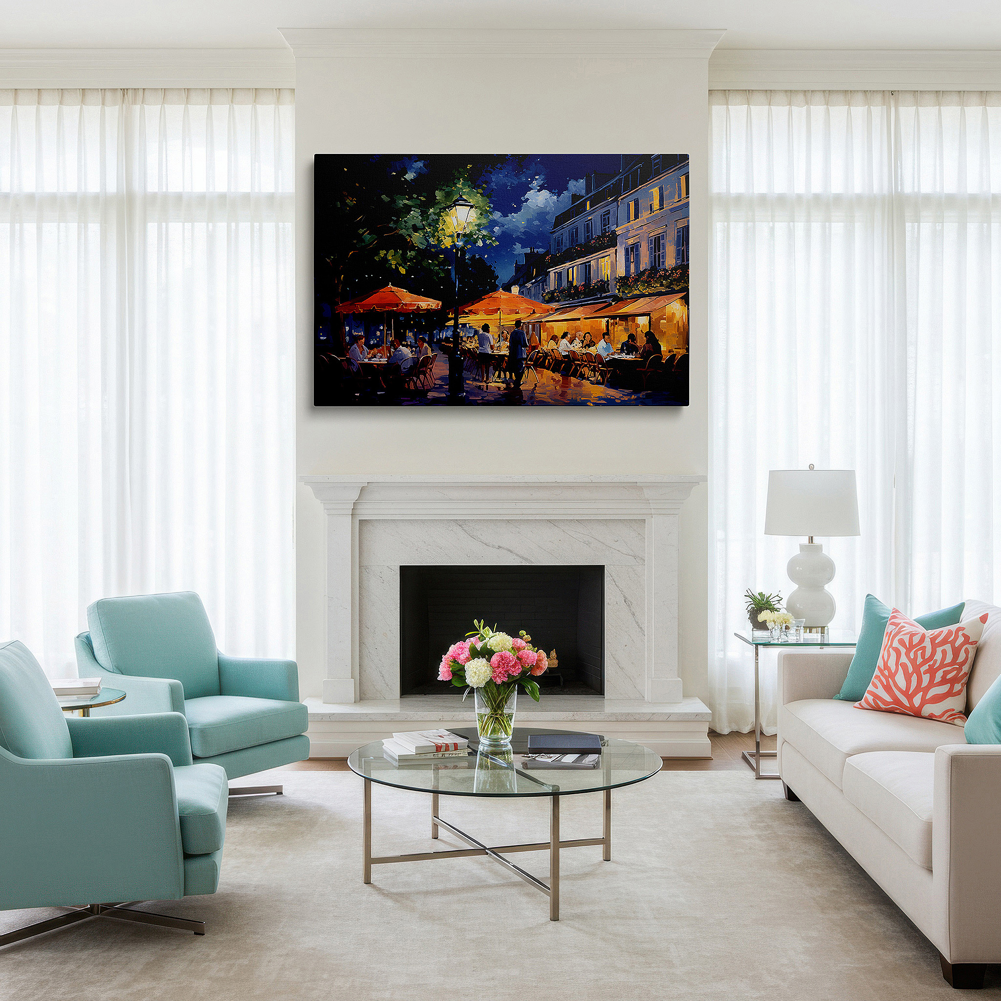 Aligned with a curated gallery wall of abstract artworks — parisian café at night wall art - experience a vibrant evening with warm lights and city textures, ideal for office, living room, or bedroom decor