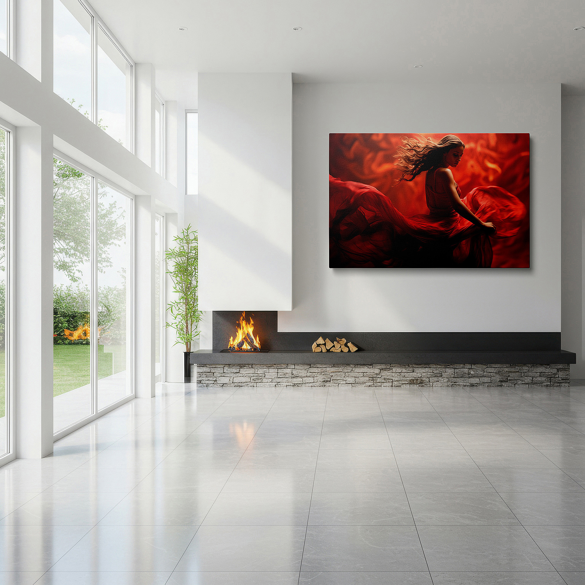 Aligned with a curated gallery wall of abstract artworks — passionate dance in flowing red dress wall art, large canvas decor for office, bedroom, and living room