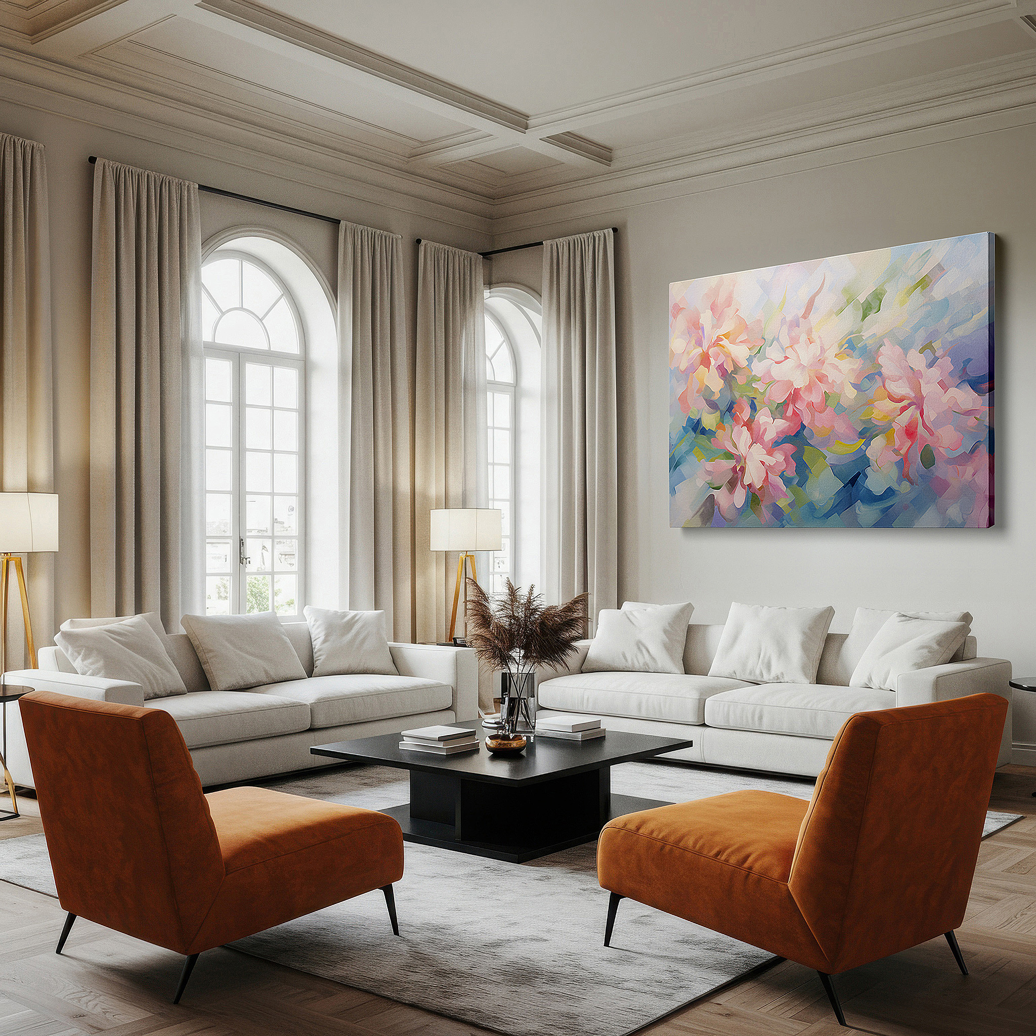 Aligned with a curated gallery wall of abstract artworks — pastel-toned abstract stylized flowers, serene and soothing large wall art for tranquil spaces, canvas wall art decor for office
