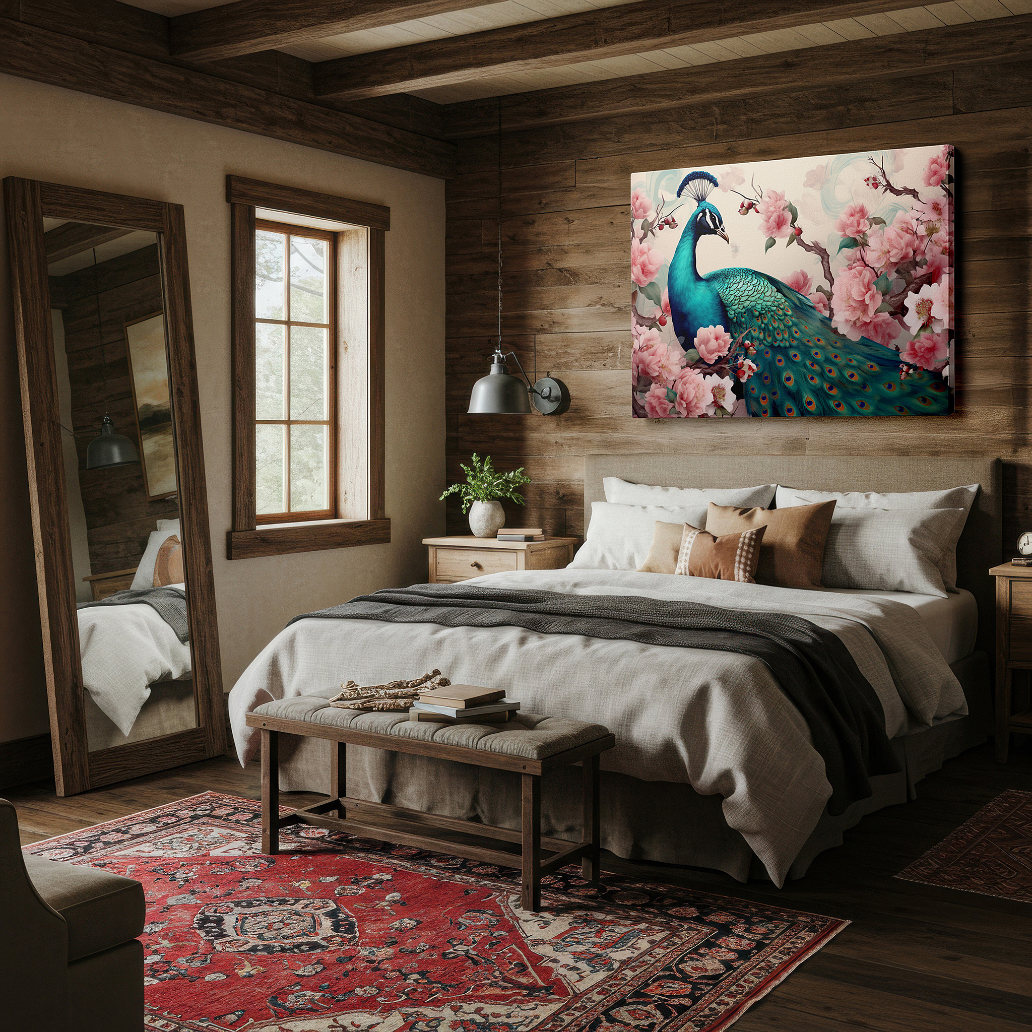 Aligned with a curated gallery wall of abstract artworks — peacock majesty in a lush garden: vibrant blues and greens large canvas wall art, office decor