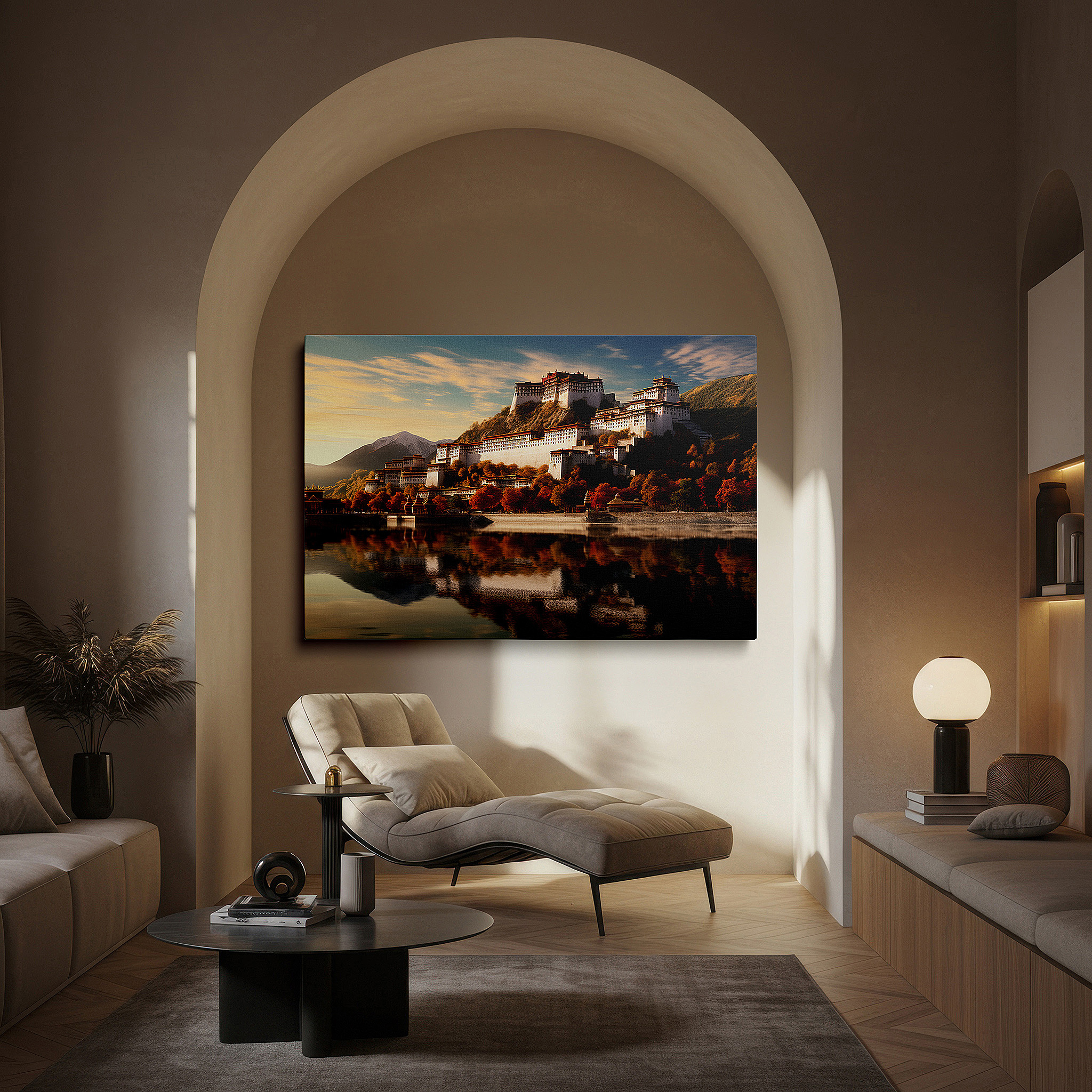 Aligned with a curated gallery wall of abstract artworks — potala palace at dawn's first light: a tribute to tibet's spiritual essence - large wall art, canvas, home and office decor