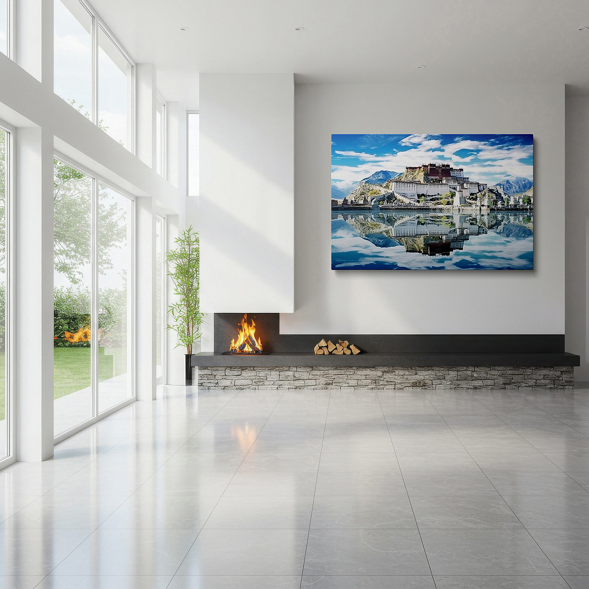 Aligned with a curated gallery wall of abstract artworks — potala palace majestic view with blue skies and reflective tibetan waters - large canvas wall art for office and bedroom decor