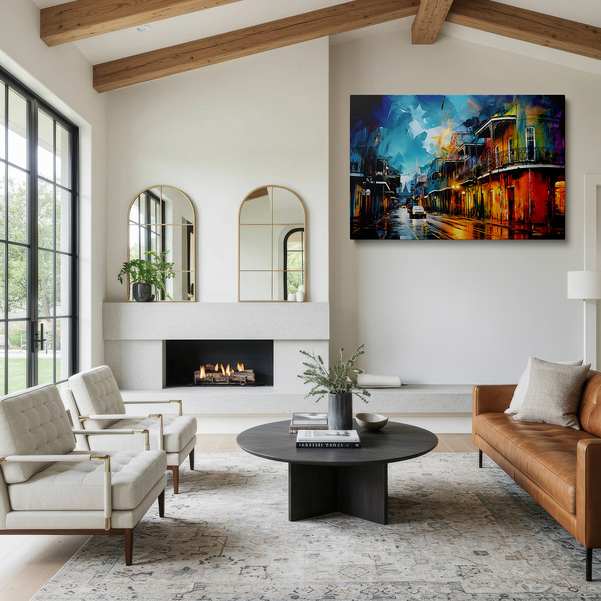 Aligned with a curated gallery wall of abstract artworks — rain-drenched cityscape with reflective hues and historic buildings large wall art, canvas wall art, wall decor for office and bedroom