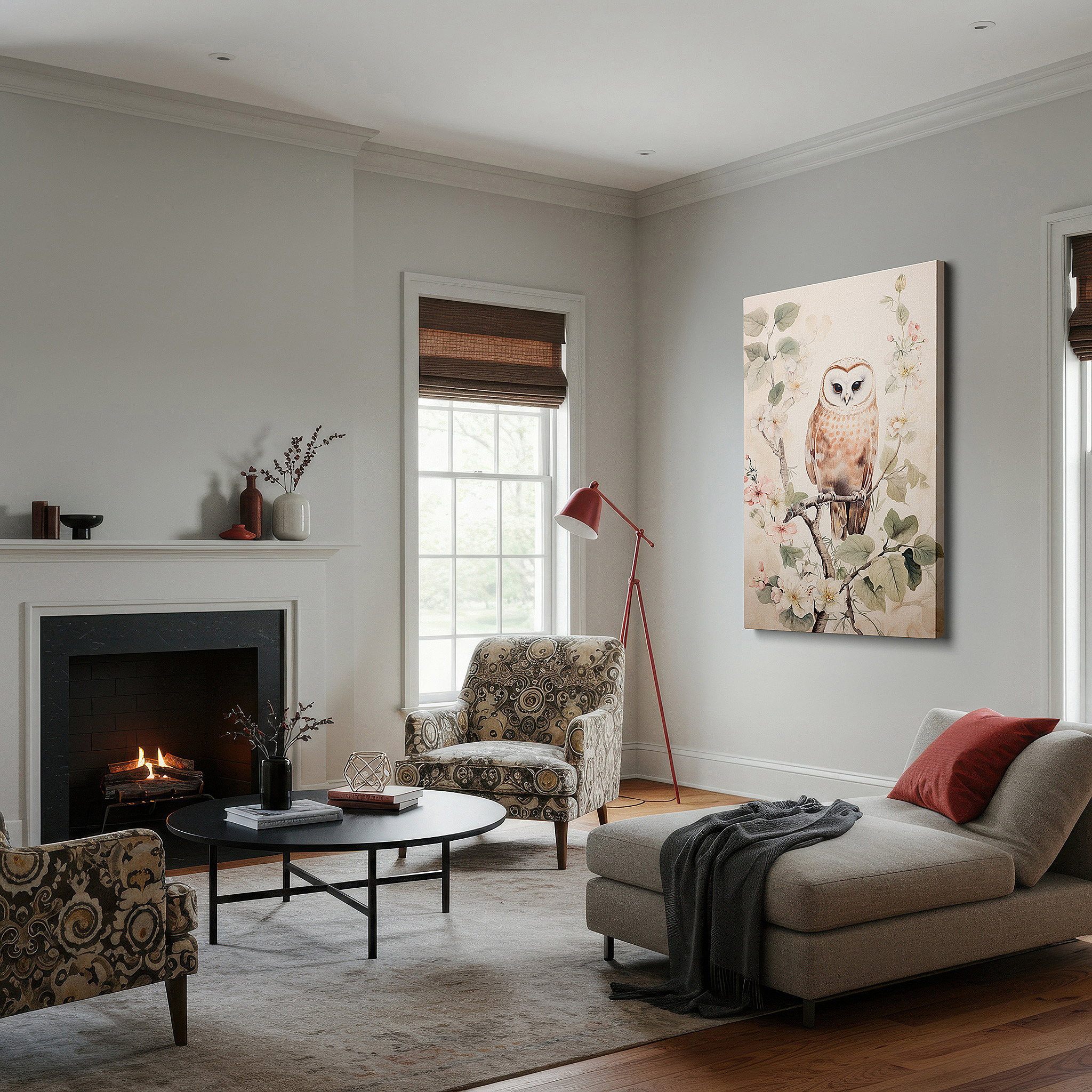 Aligned with a curated gallery wall of abstract artworks — serene barn owl on blossoming branch: experience nature's splendor with large canvas wall art decor