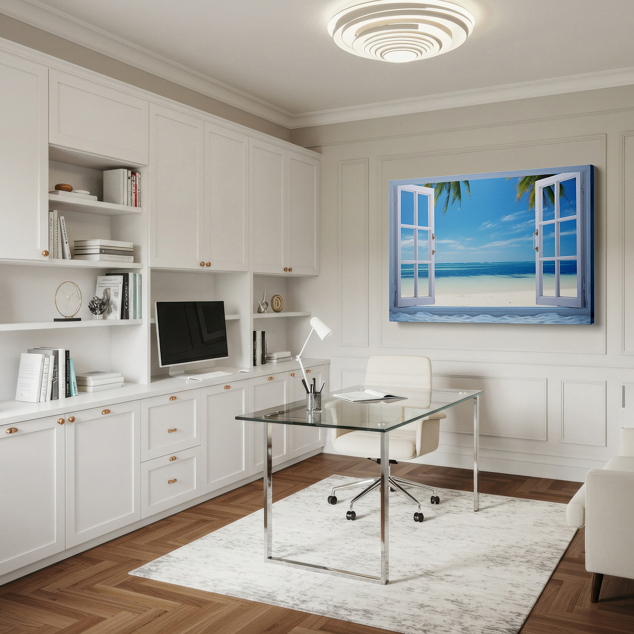Aligned with a curated gallery wall of abstract artworks — serene coastal getaway via open white windows large wall art, canvas wall art, wall decor, office wall art, bedroom wall art, living room wall art