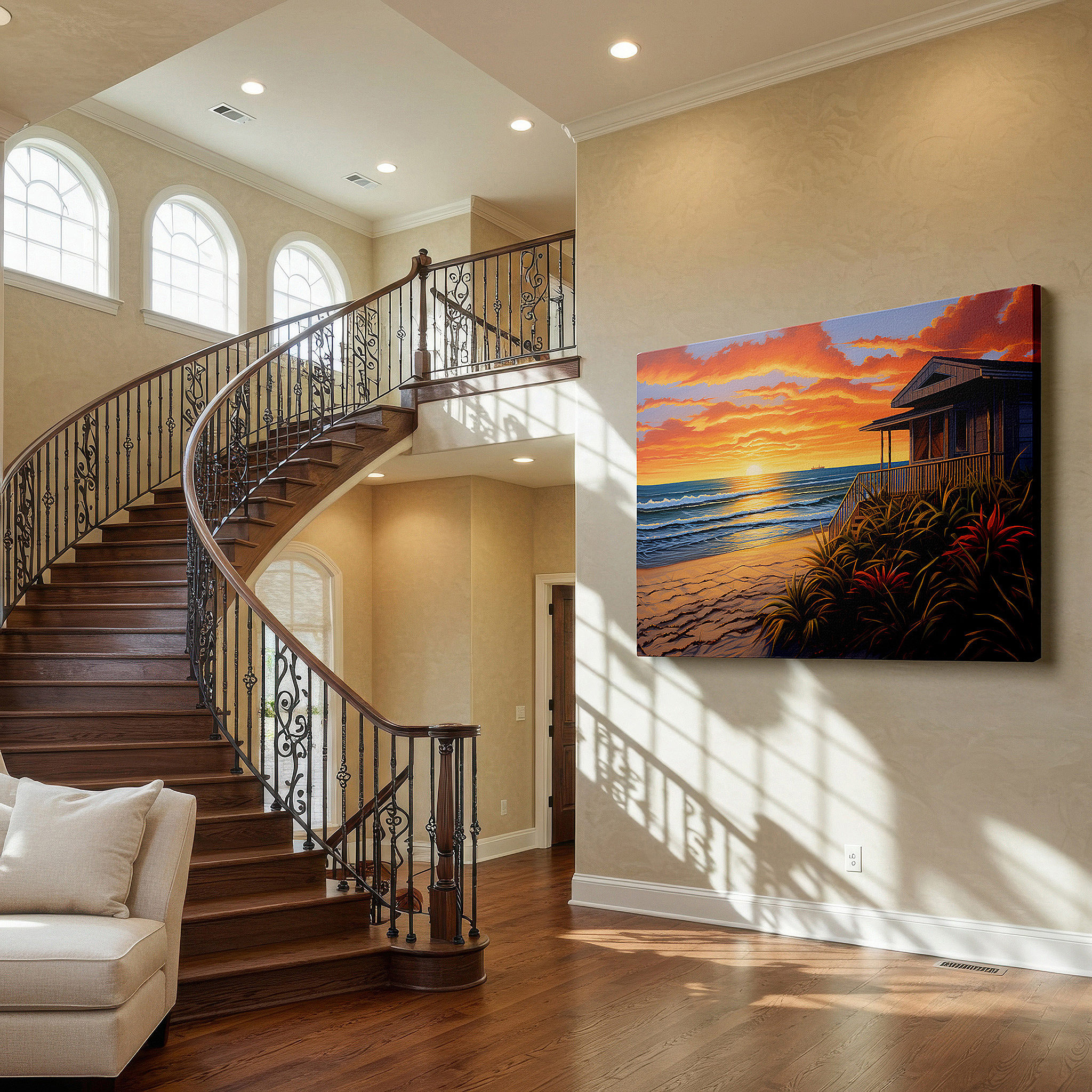 Aligned with a curated gallery wall of abstract artworks — serene coastal sunset and weathered beach house large canvas wall art for office, bedroom, and living room decor