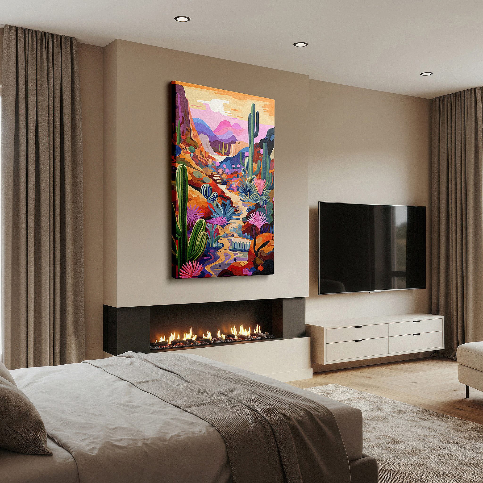 Aligned with a curated gallery wall of abstract artworks — serene desert sunset featuring majestic cacti and vibrant flora - large canvas wall art for office, bedroom, and living room decor
