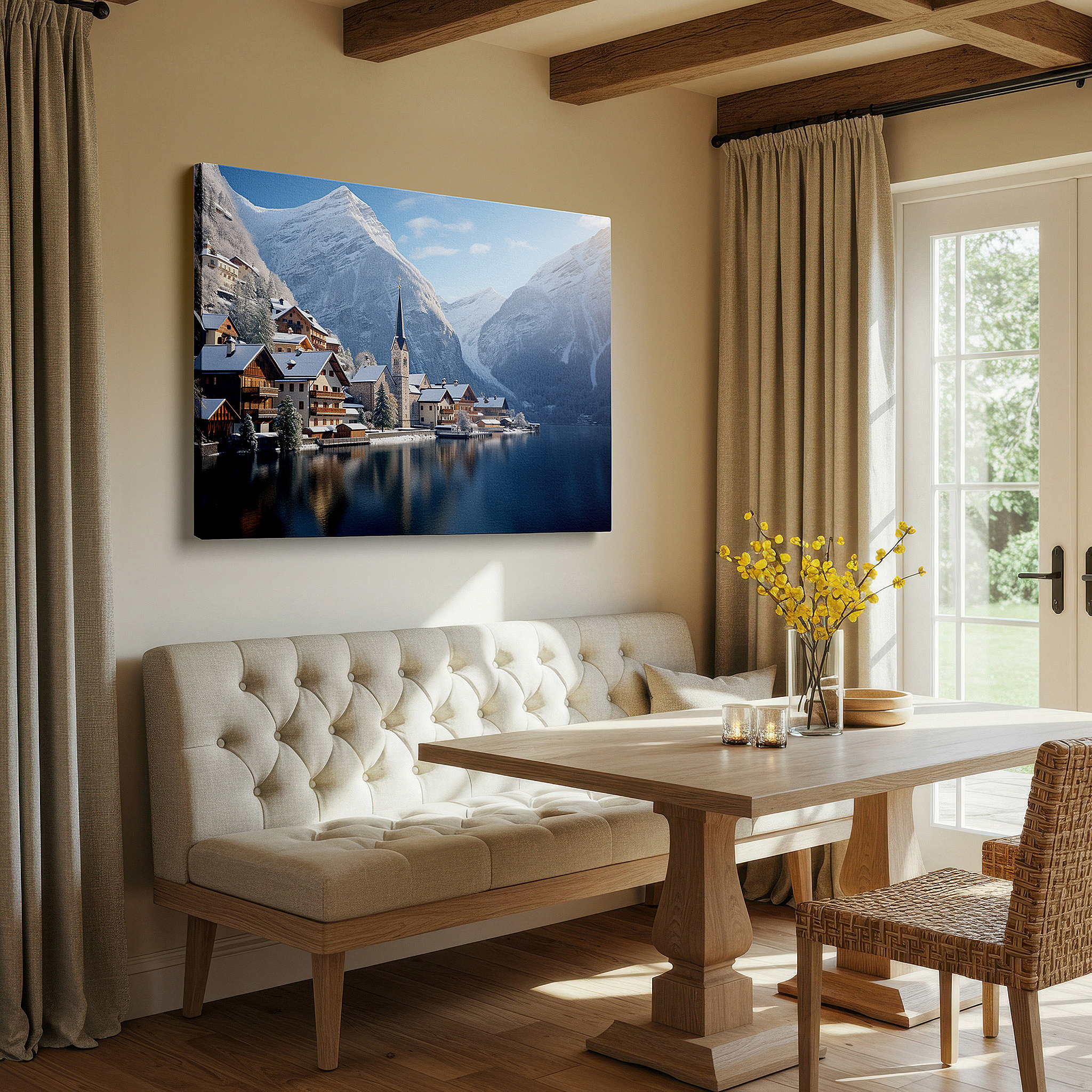 Aligned with a curated gallery wall of abstract artworks — serene european village enveloped in winter, tranquil snowy retreat large wall art, canvas wall art, wall decor for office and bedroom