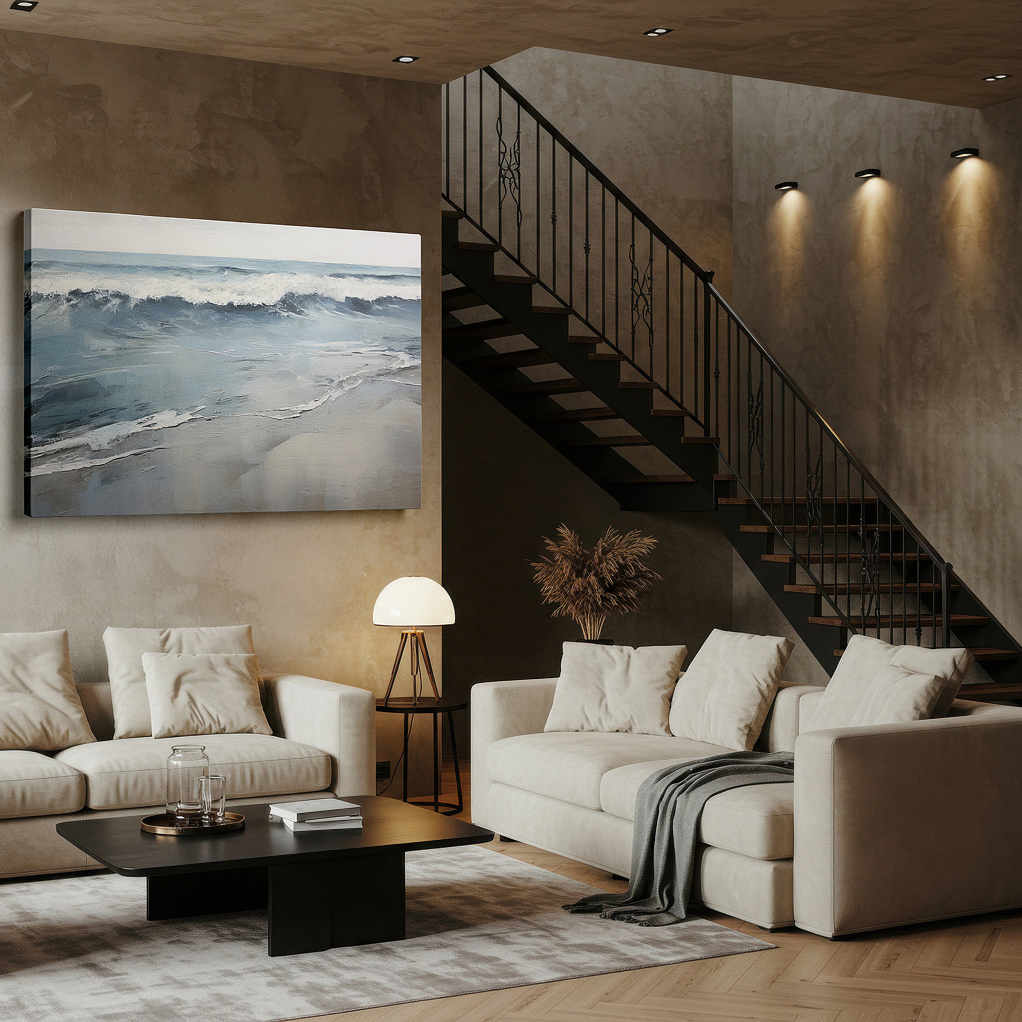 Aligned with a curated gallery wall of abstract artworks — serene ocean view with soft waves and sandy beaches, large canvas wall art for home and office decor