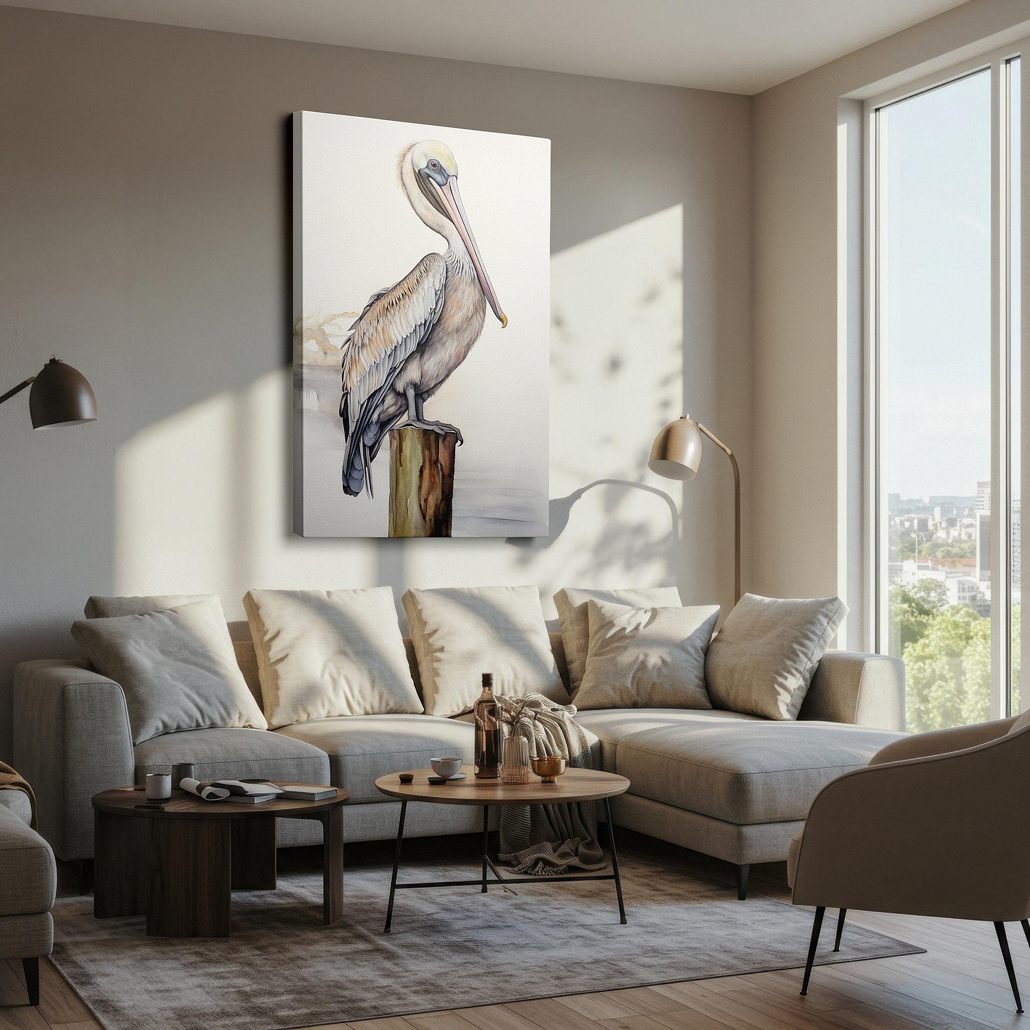 Aligned with a curated gallery wall of abstract artworks — serene pelican sitting on aged post over calm waters - large canvas wall art for office, bedroom, and living room decor