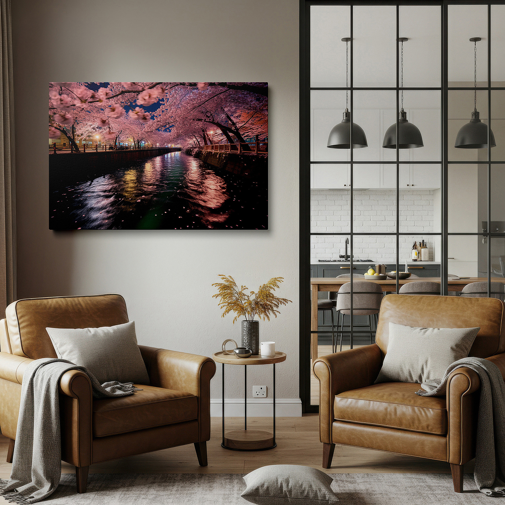 Aligned with a curated gallery wall of abstract artworks — serene river and cherry blossoms under a starlit sky: large canvas wall art for office, bedroom, and living room decor
