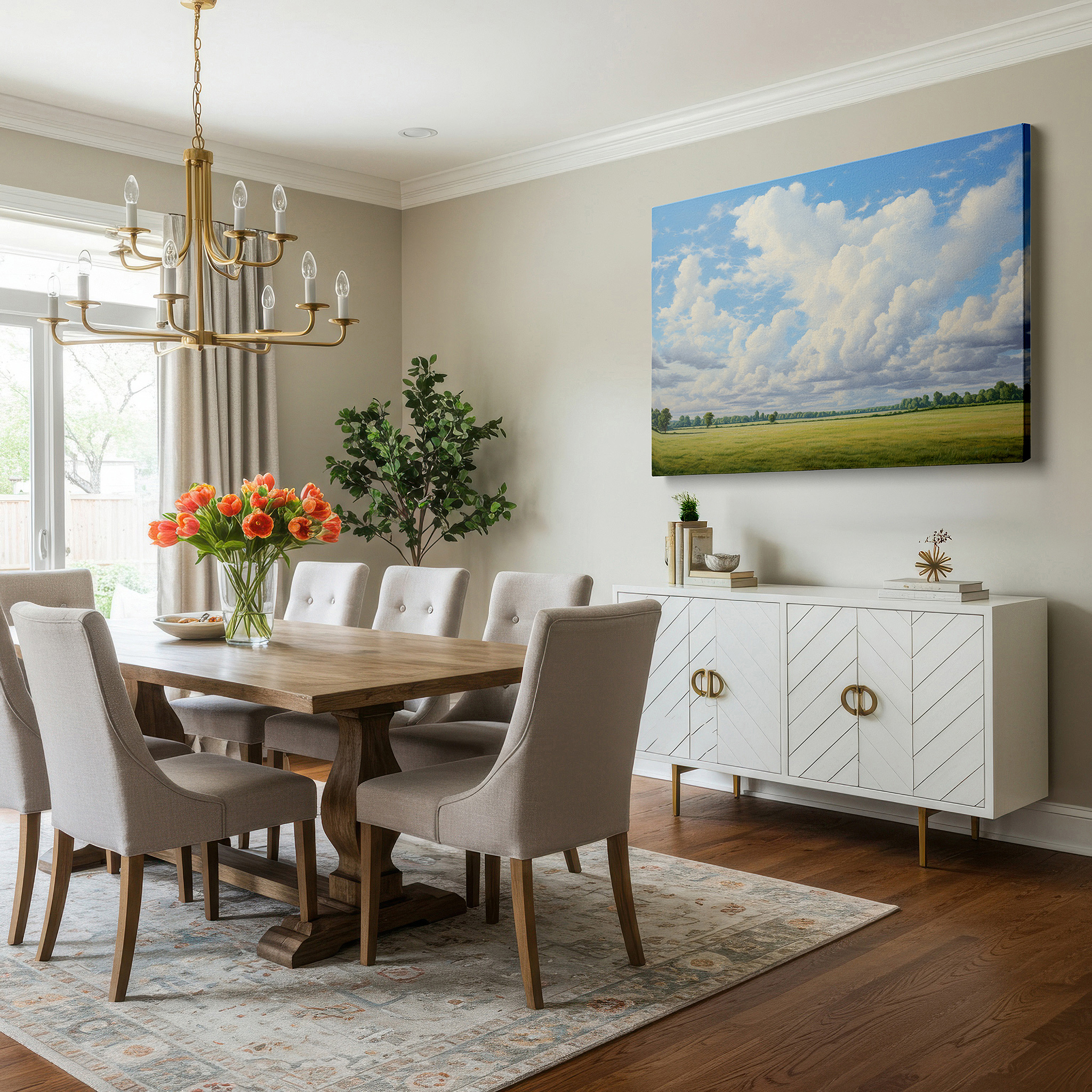 Aligned with a curated gallery wall of abstract artworks — serene riverbank reflections: tranquil nature escape large wall art for office, bedroom, and living room decor