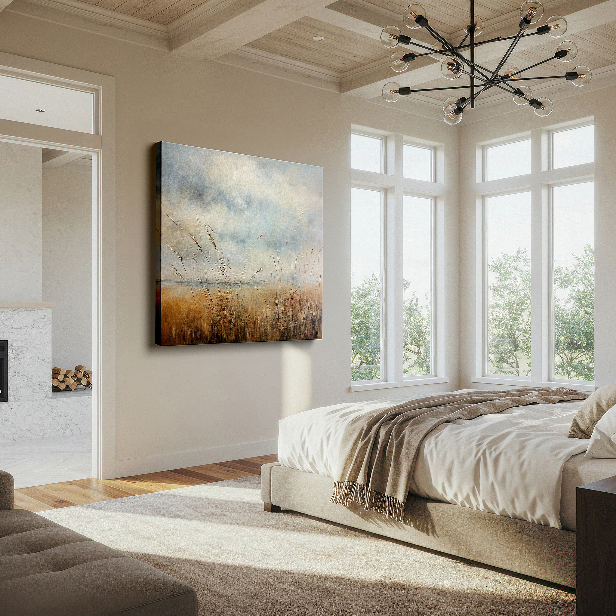 Aligned with a curated gallery wall of abstract artworks — serene vistas of golden grasses and boundless azure skies: large canvas wall art for office, bedroom, and living room decor