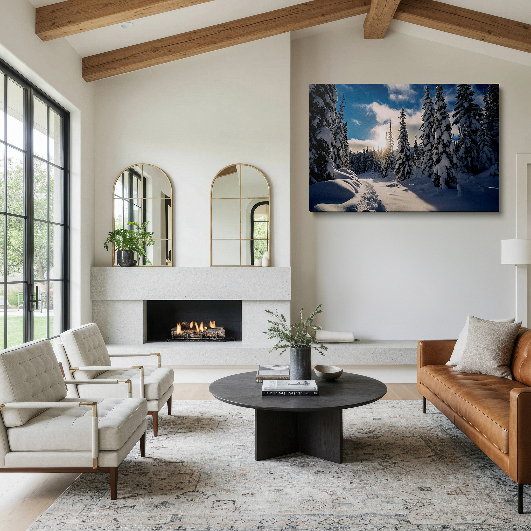 Aligned with a curated gallery wall of abstract artworks — serene winter forest in sunlight: tranquil snowy landscape large wall art, canvas wall art for office and bedroom decor