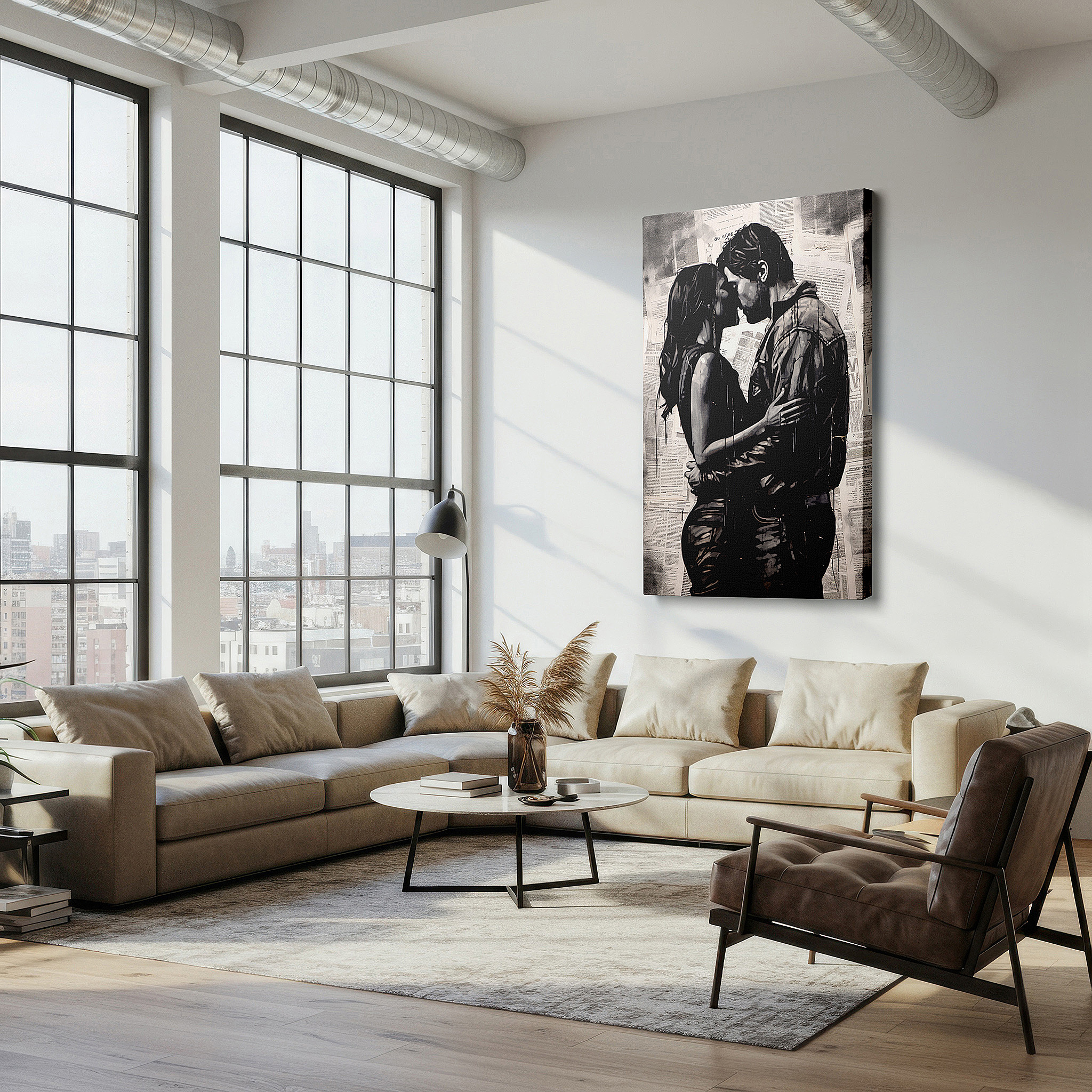 Aligned with a curated gallery wall of abstract artworks — societal chaos and intimate embrace - a monochrome masterpiece depicting love and resilience, large wall art, canvas wall art, wall decor