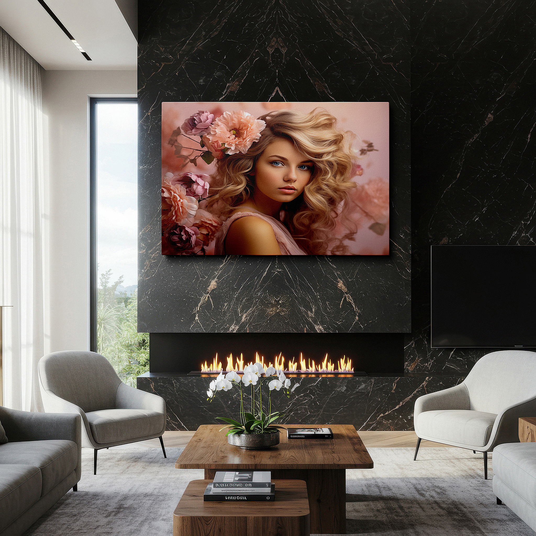 Aligned with a curated gallery wall of abstract artworks — soft pink blossoms: a serene and tranquil portrait of feminine grace - large canvas wall art for home and office decor