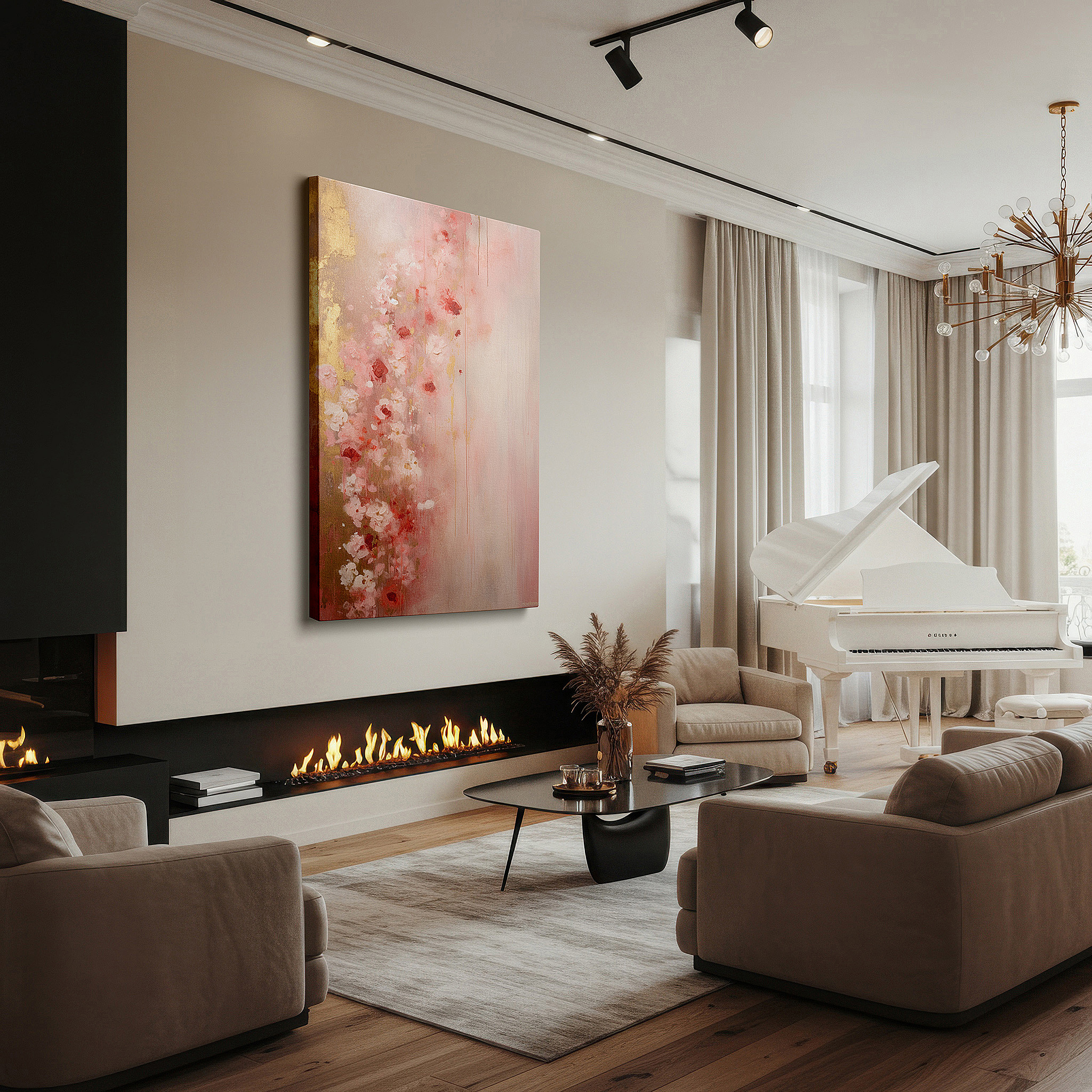 Aligned with a curated gallery wall of abstract artworks — soft pink and red floral symphony with gold accents, large canvas wall art for office and bedroom decor