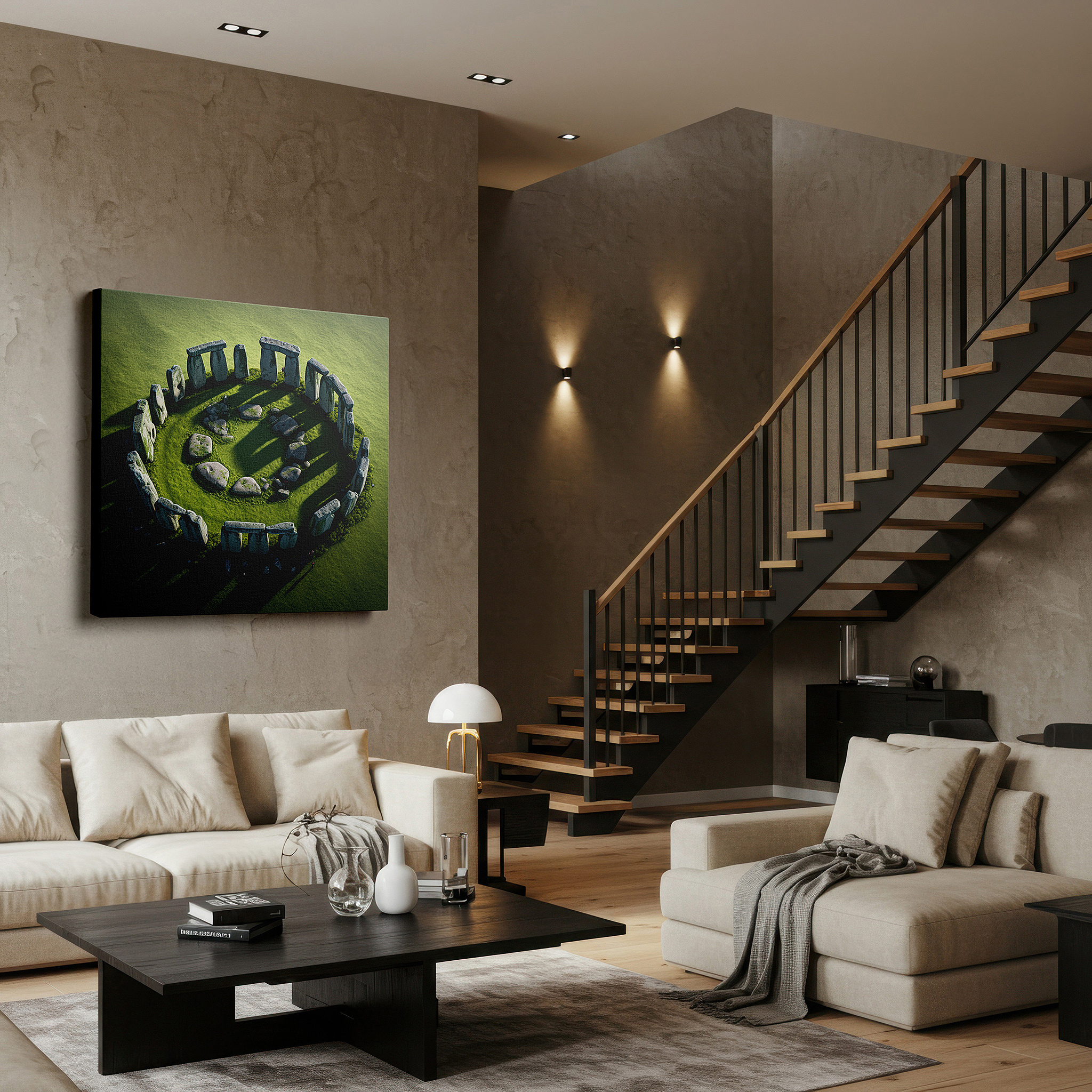 Aligned with a curated gallery wall of abstract artworks — stonehenge aerial majesty large canvas wall art for office and bedroom decor, set in lush english countryside