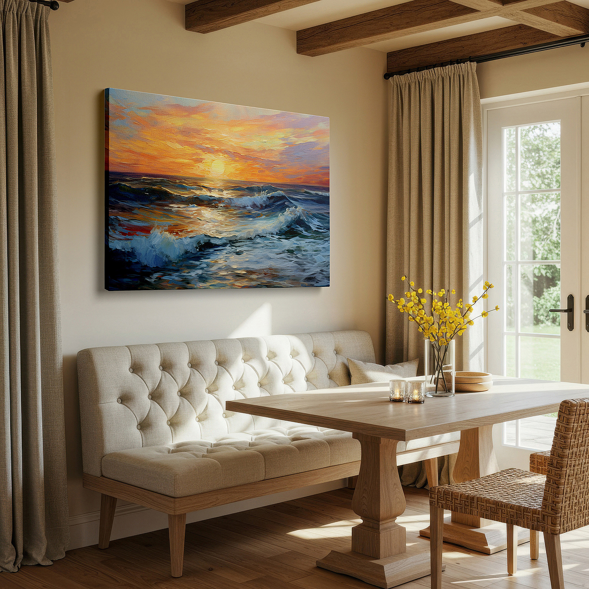 Aligned with a curated gallery wall of abstract artworks — stunning sunset above stormy sea: celebrating the majesty and strength of nature - large wall art, canvas wall art, wall decor for office