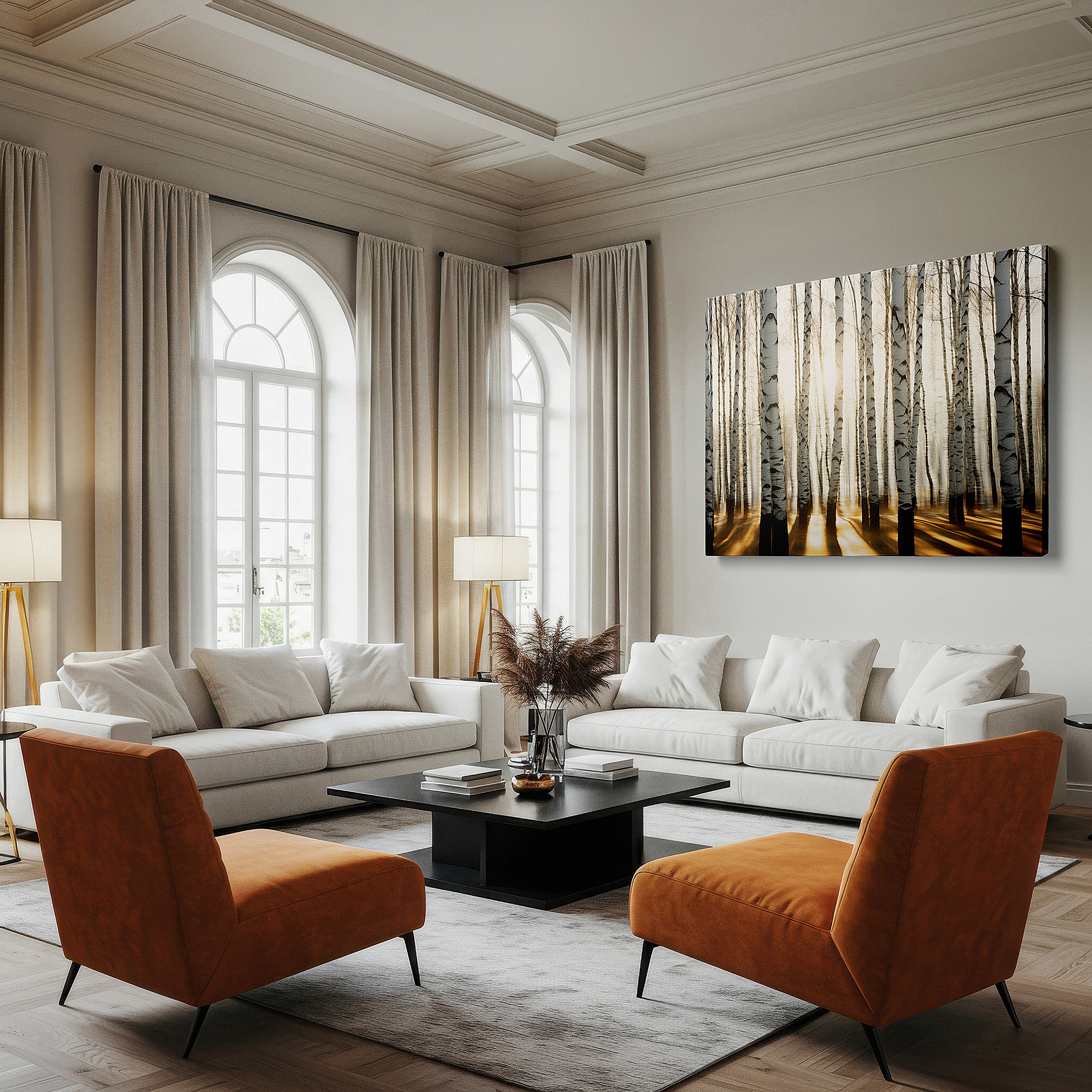 Aligned with a curated gallery wall of abstract artworks — sunlit enchanted birch forest, tranquil woodland retreat large wall art, canvas wall art, wall decor for office