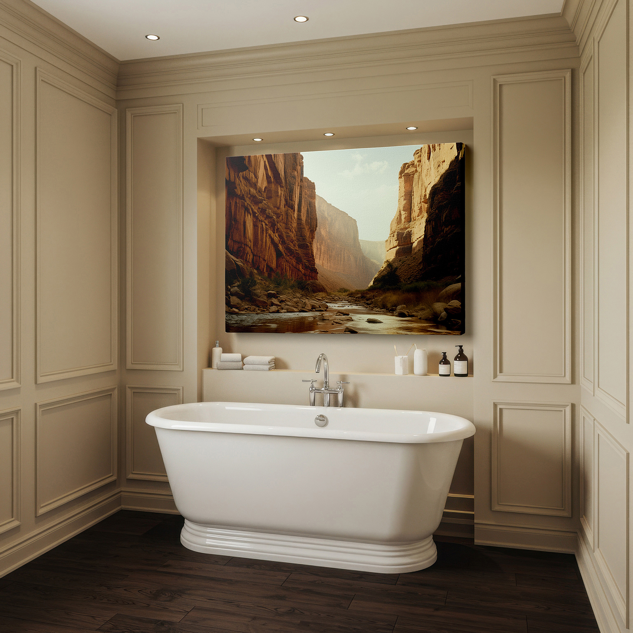 Aligned with a curated gallery wall of abstract artworks — sunlit sandstone canyon with meandering river large canvas wall art for office and bedroom decor